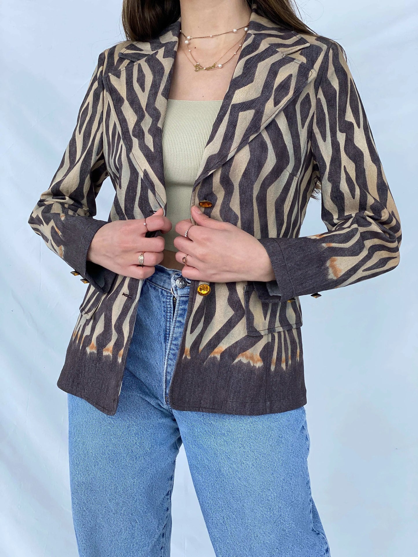 Vintage Laurèl Jeans Zebra Print Denim Blazer - Balagan Vintage Blazer 90s, blazer, Coats&Jackets, consignment, denim, Mira, plaid blazer, winter, Women's Blazers, Women's Denim Jackets