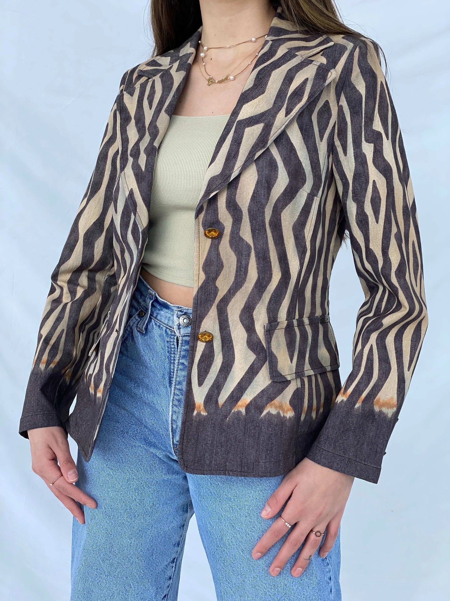 Vintage Laurèl Jeans Zebra Print Denim Blazer - Balagan Vintage Blazer 90s, blazer, Coats&Jackets, consignment, denim, Mira, plaid blazer, winter, Women's Blazers, Women's Denim Jackets