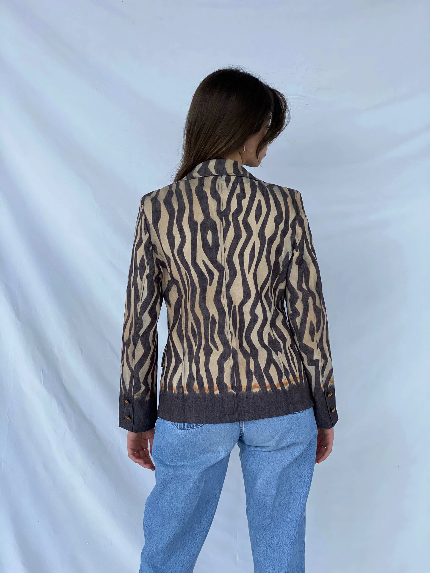 Vintage Laurèl Jeans Zebra Print Denim Blazer - Balagan Vintage Blazer 90s, blazer, Coats&Jackets, consignment, denim, Mira, plaid blazer, winter, Women's Blazers, Women's Denim Jackets