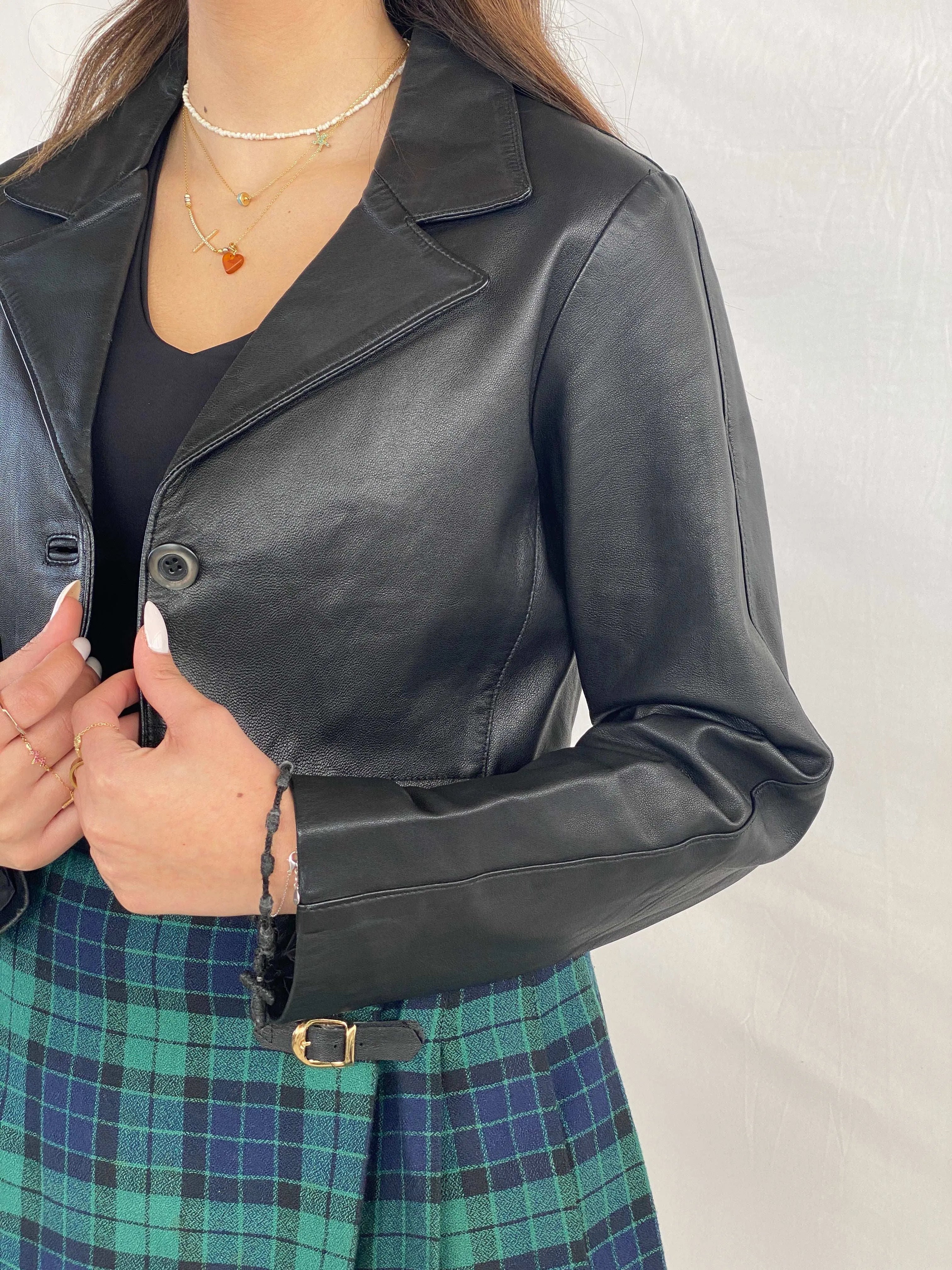 Vintage Leather Trend Cropped Genuine Leather Blazer - Balagan Vintage Leather Blazer 90s, Coats&Jackets, Deals, genuine leather, Juana, leather blazer, Women's Blazers, Women's Leather Jackets