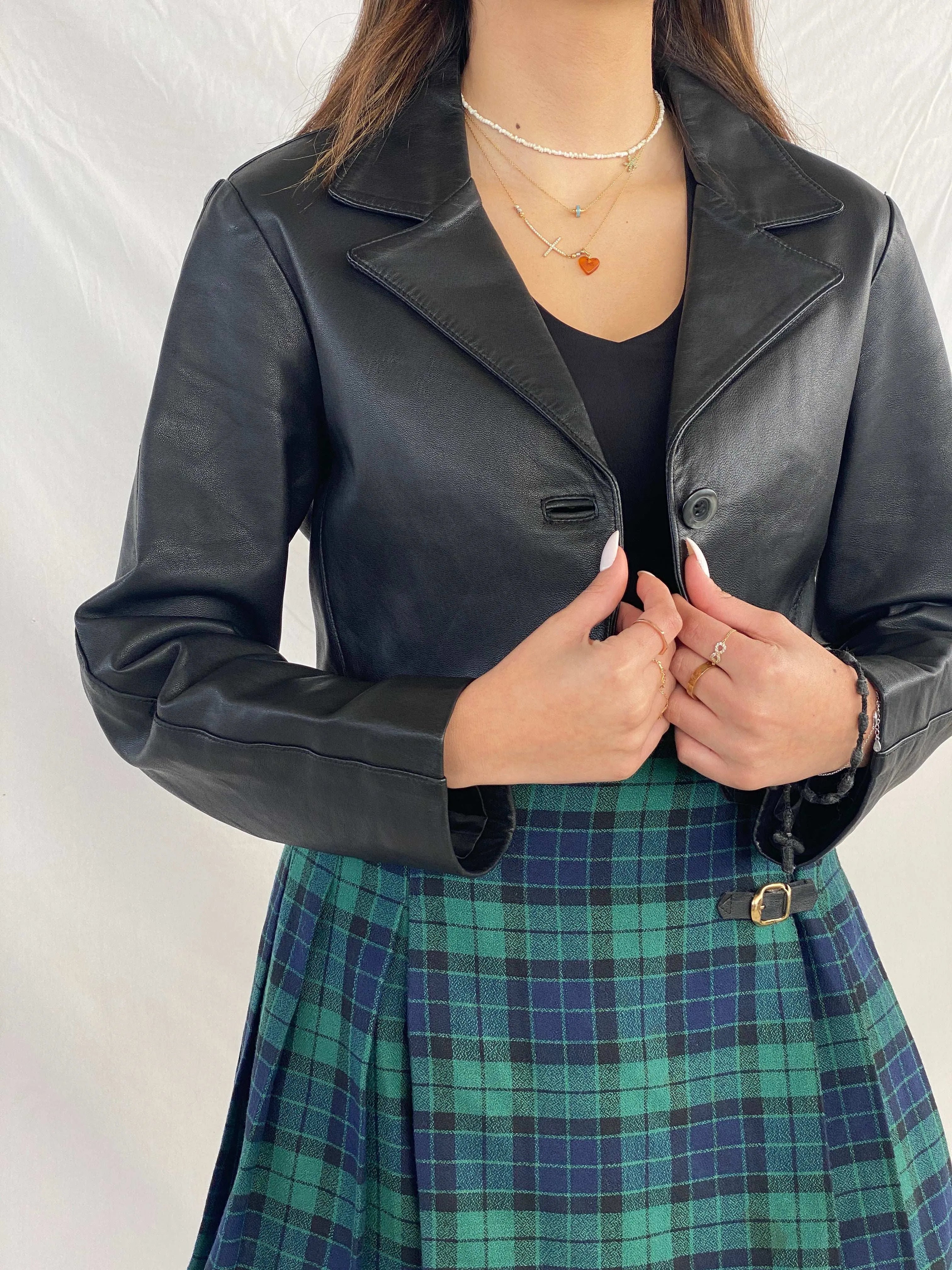 Vintage Leather Trend Cropped Genuine Leather Blazer - Balagan Vintage Leather Blazer 90s, Coats&Jackets, Deals, genuine leather, Juana, leather blazer, Women's Blazers, Women's Leather Jackets