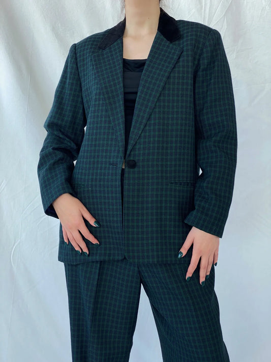 Vintage LESLIE FAY Sportswear Black and Green Plaid Blazer Pants Power Suit Set - XL - Balagan Vintage Maxi Dress 80s, 90s, Ayah, blazer, Coats&Jackets, consignment, Melika, plaid, plaid blazer, tweed blazer, Women's Blazers