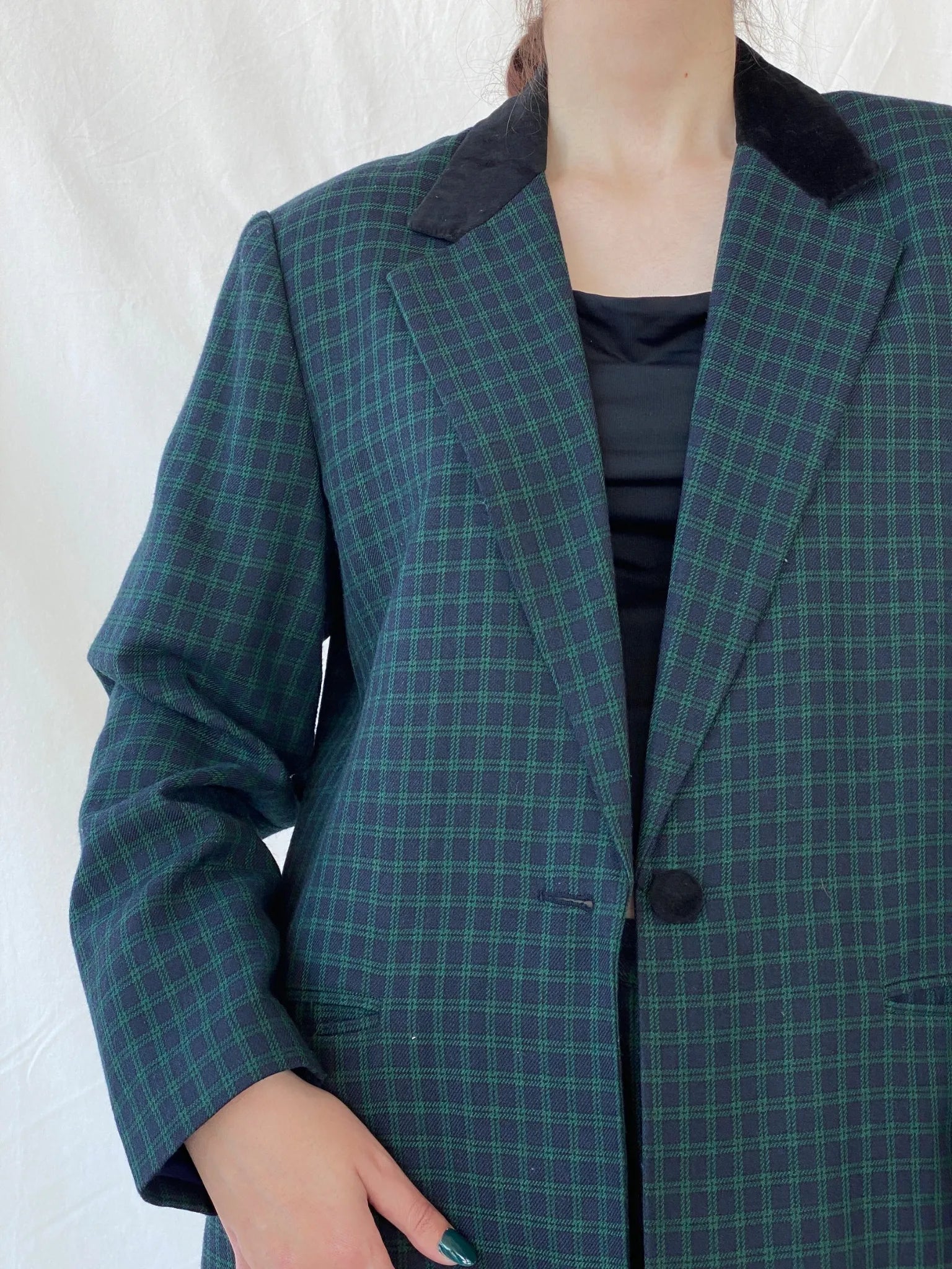 Vintage LESLIE FAY Sportswear Black and Green Plaid Blazer Pants Power Suit Set - XL - Balagan Vintage Maxi Dress 80s, 90s, Ayah, blazer, consignment, Melika, plaid, plaid blazer, tweed blazer