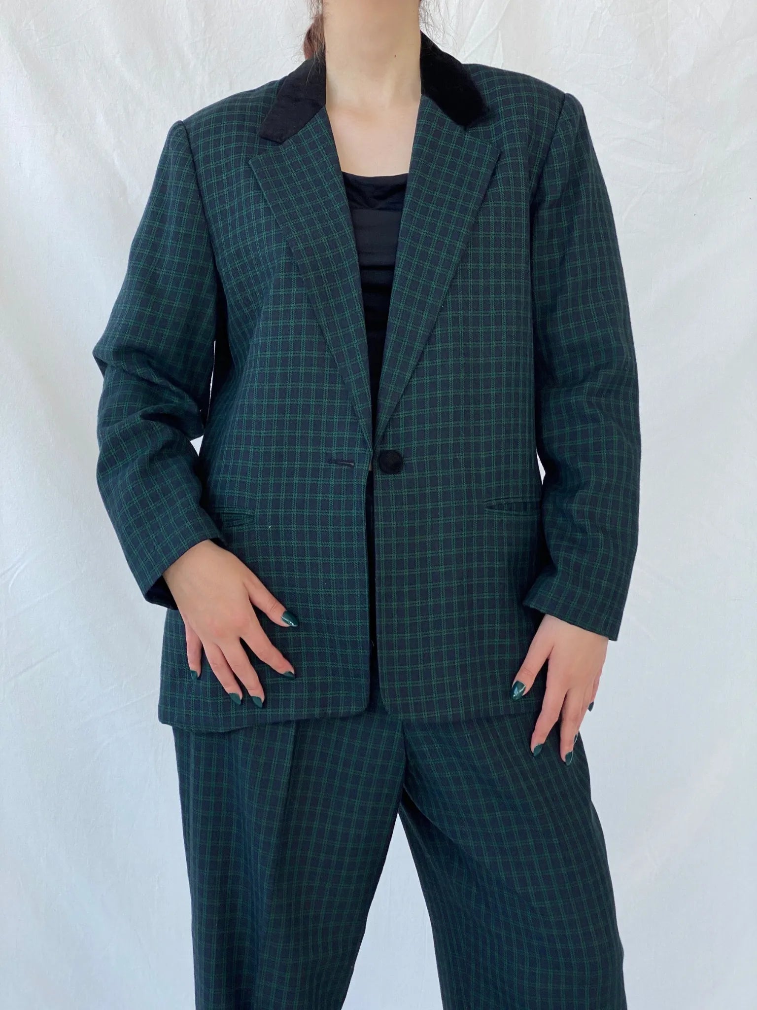 Vintage LESLIE FAY Sportswear Black and Green Plaid Blazer Pants Power Suit Set - XL - Balagan Vintage Maxi Dress 80s, 90s, Ayah, blazer, consignment, Melika, plaid, plaid blazer, tweed blazer