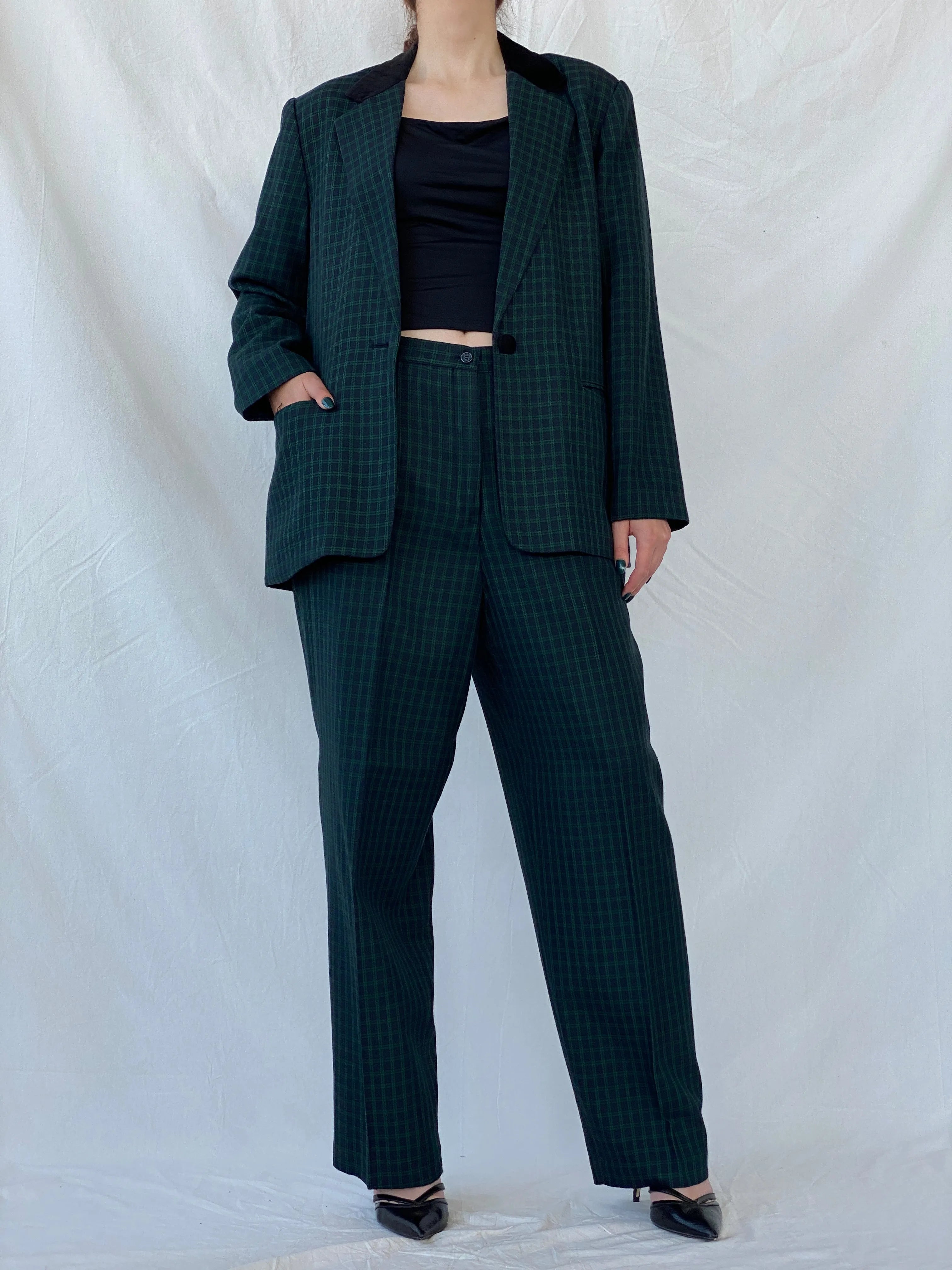 Vintage LESLIE FAY Sportswear Black and Green Plaid Blazer Pants Power Suit Set - XL - Balagan Vintage Maxi Dress 80s, 90s, Ayah, blazer, consignment, Melika, plaid, plaid blazer, tweed blazer
