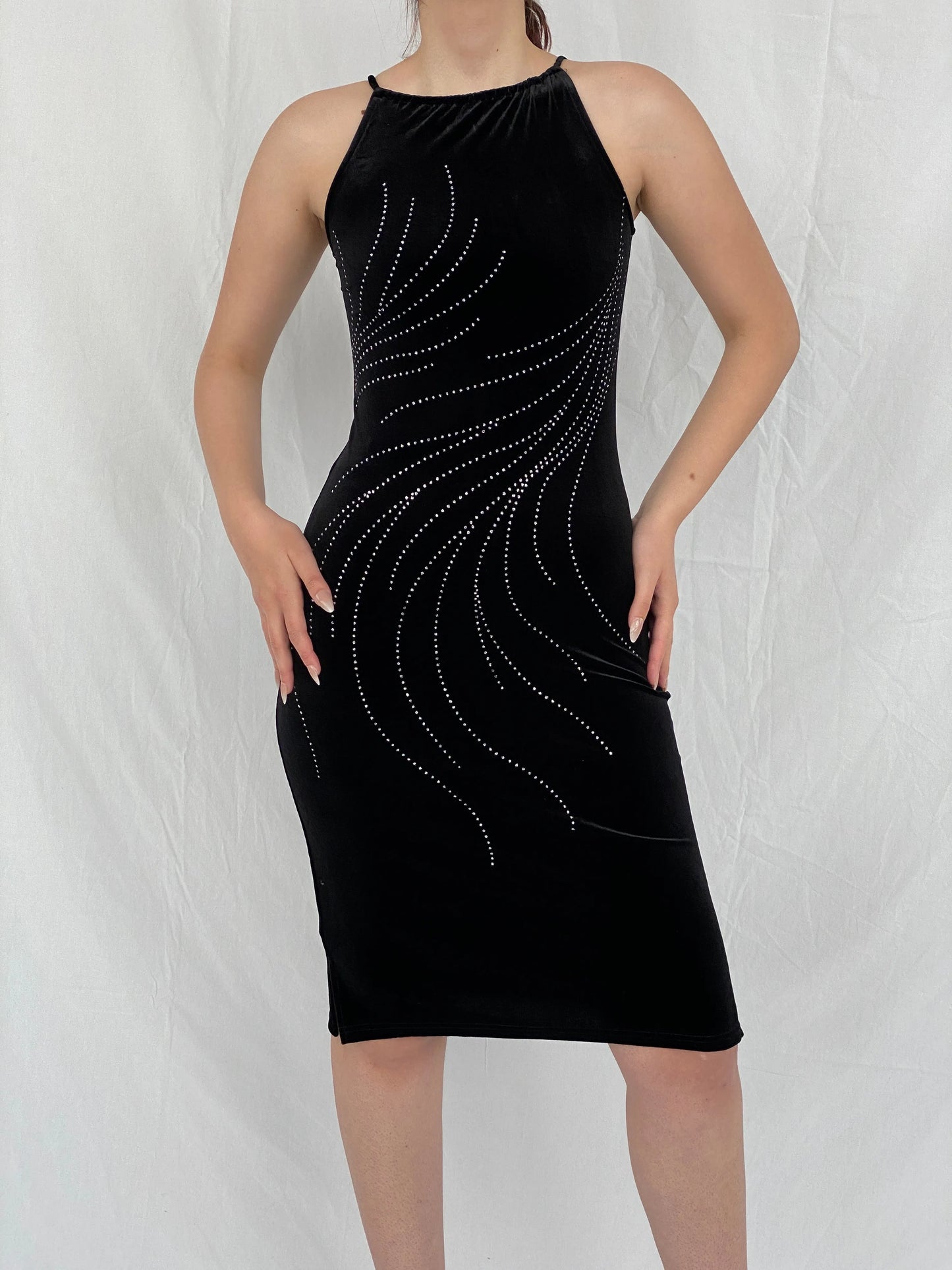 Vintage Limited Too Black Velvet Shimmery Midi Bodycon Dress - M - Balagan Vintage Midi Dress Ayah, dress, midi dress, shimmer, Wedding Guest