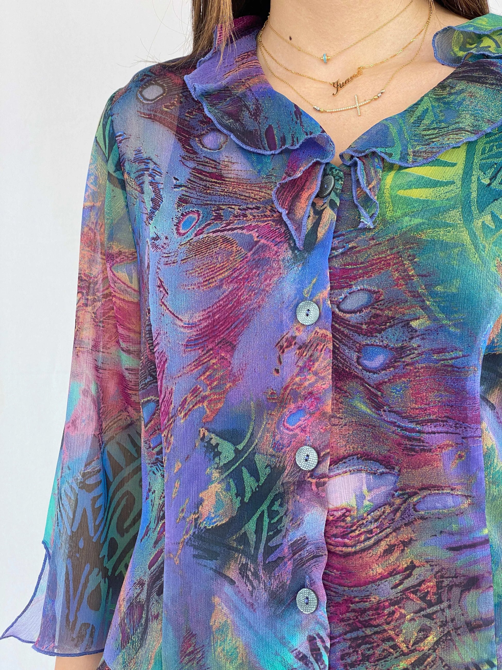 Vintage Lisa Chesnay Printed Sheer Shirt - Size XL - Balagan Vintage Full Sleeve Shirt 90s, full sleeve shirt, Juana, sheer shirt, women skirt