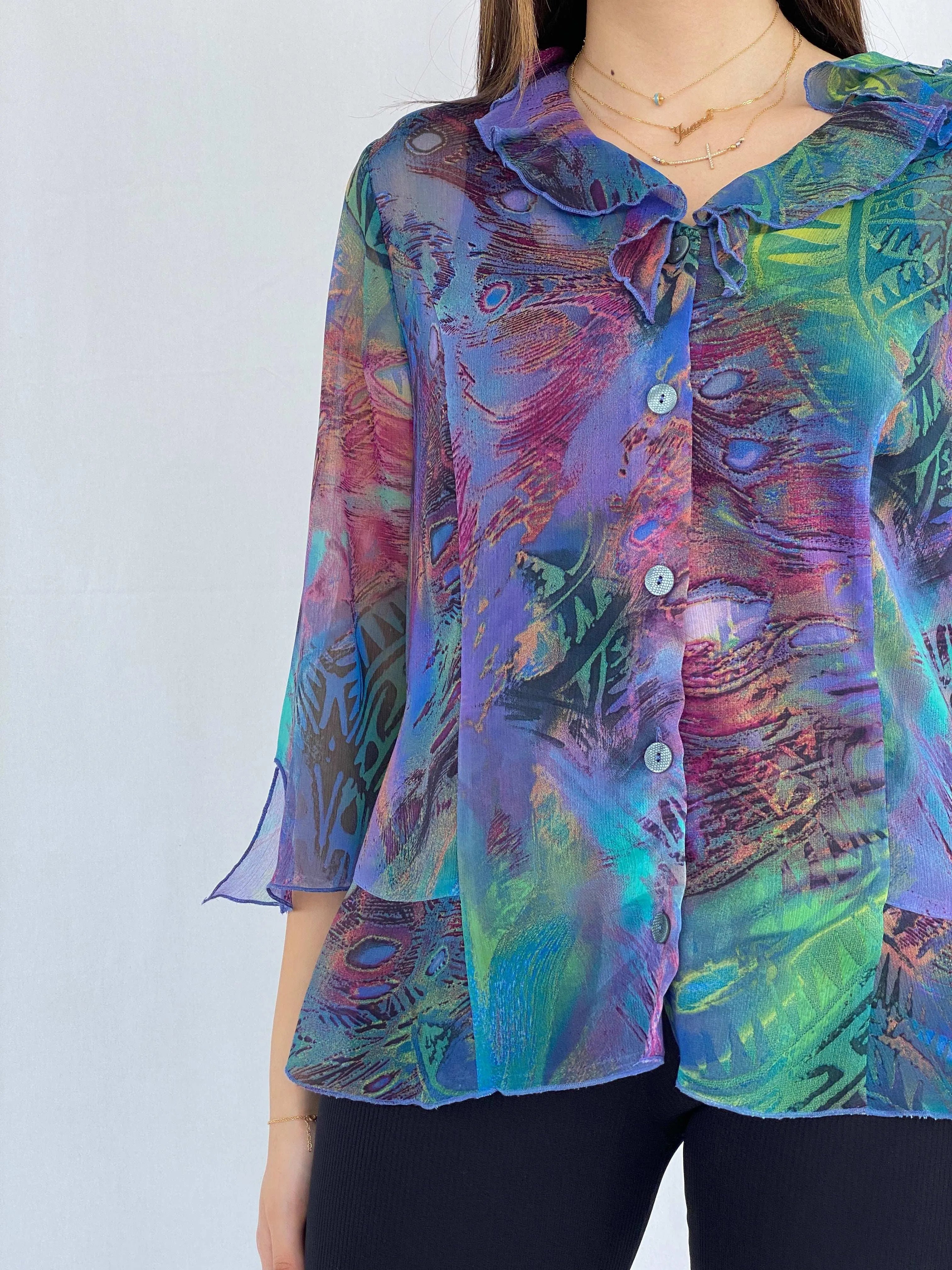 Vintage Lisa Chesnay Printed Sheer Shirt - Size XL - Balagan Vintage Full Sleeve Shirt 90s, full sleeve shirt, Juana, sheer shirt, women skirt