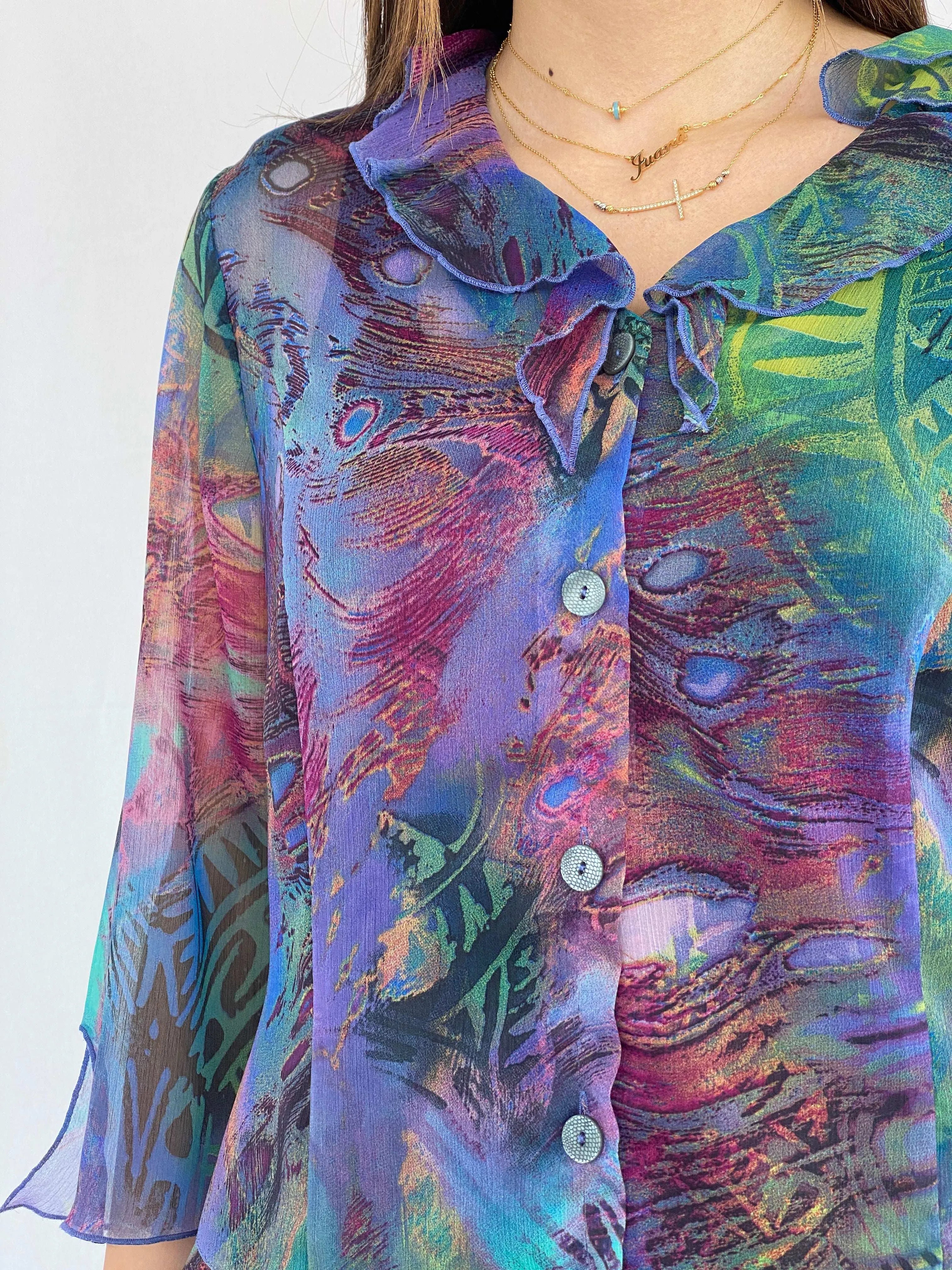 Vintage Lisa Chesnay Printed Sheer Shirt - Size XL - Balagan Vintage Full Sleeve Shirt 90s, full sleeve shirt, Juana, sheer shirt, women skirt