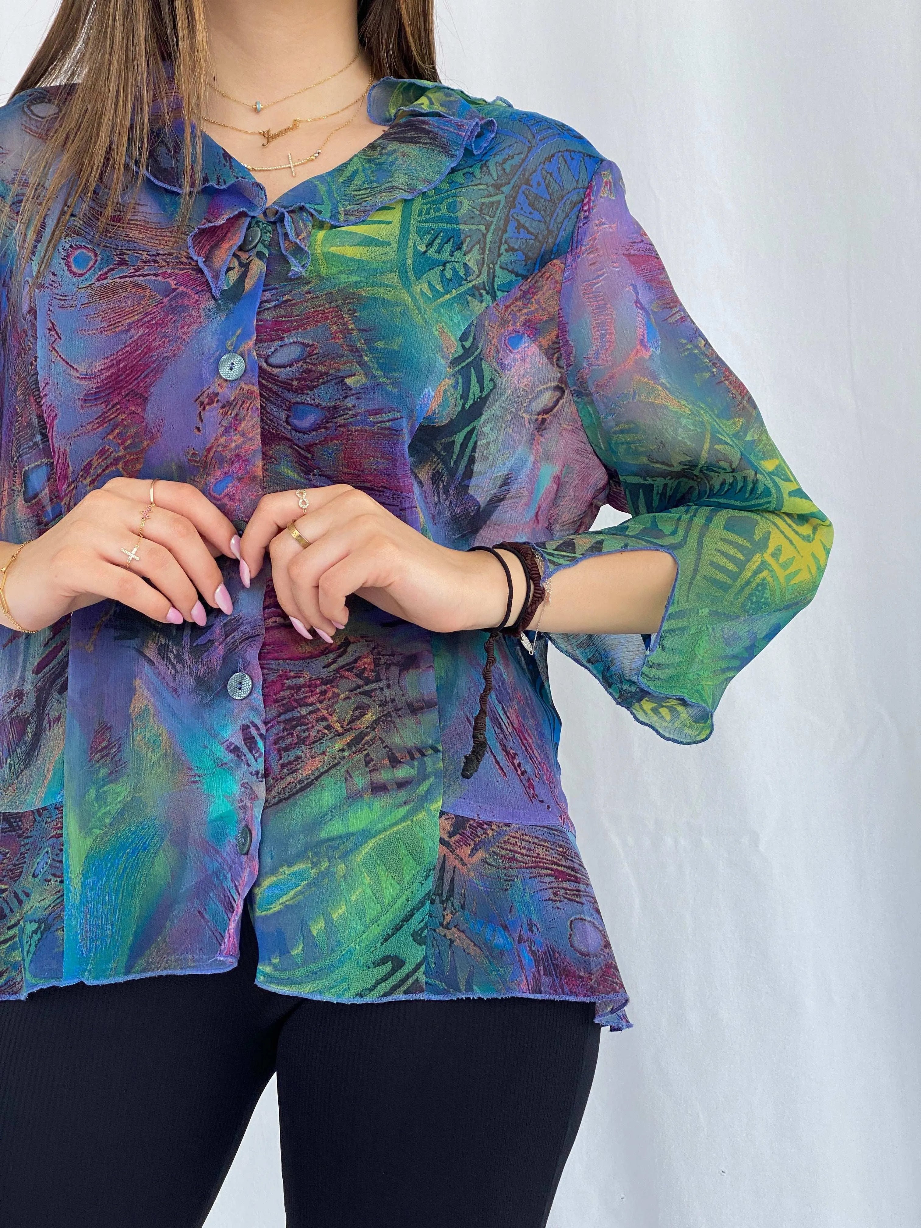 Vintage Lisa Chesnay Printed Sheer Shirt - Size XL - Balagan Vintage Full Sleeve Shirt 90s, full sleeve shirt, Juana, sheer shirt, women skirt