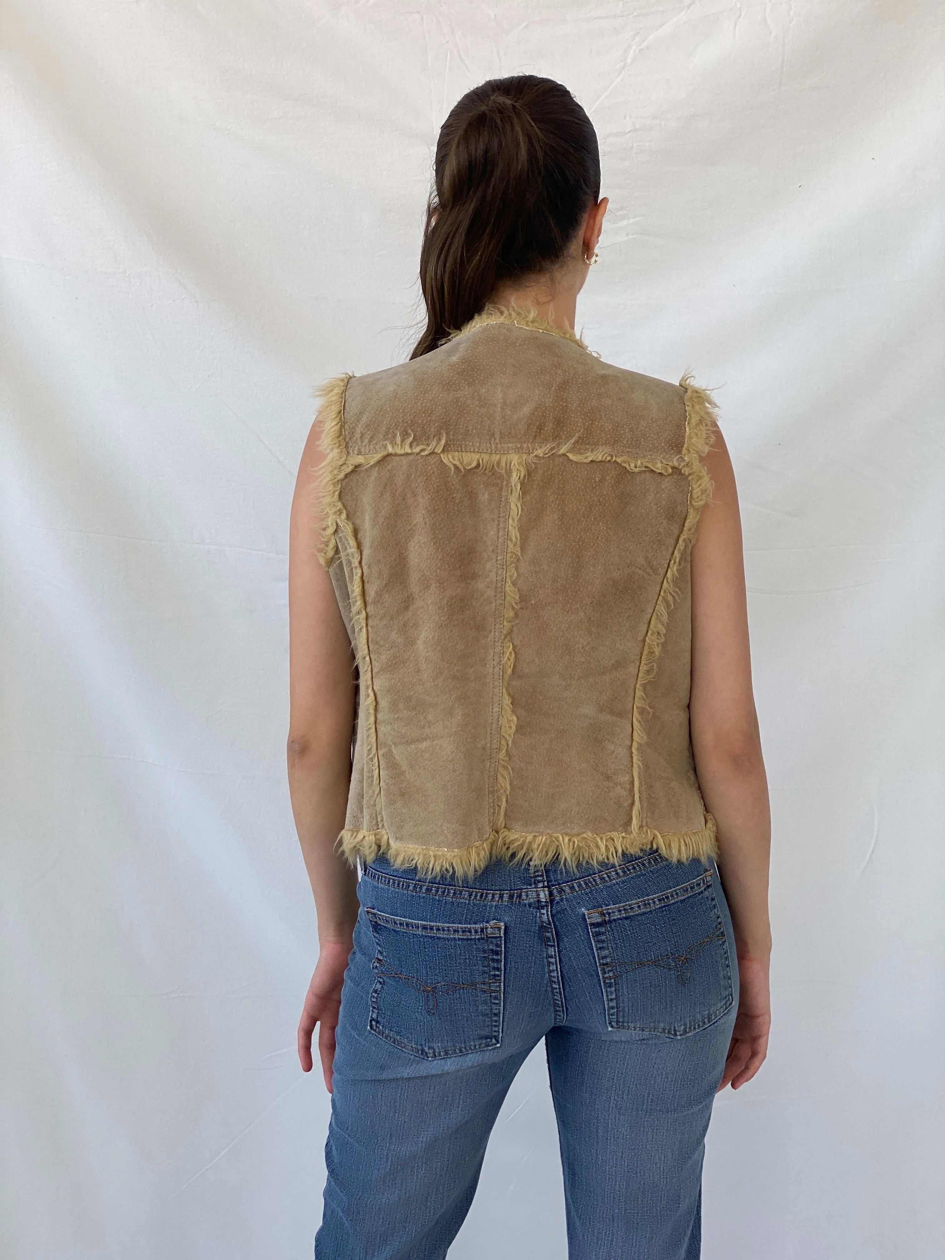 Vintage Live A little Fur Lined Suede Embellished Western Vest - L - Balagan Vintage Vest 00s, genuine leather, genuine leather vest, Mira, vest