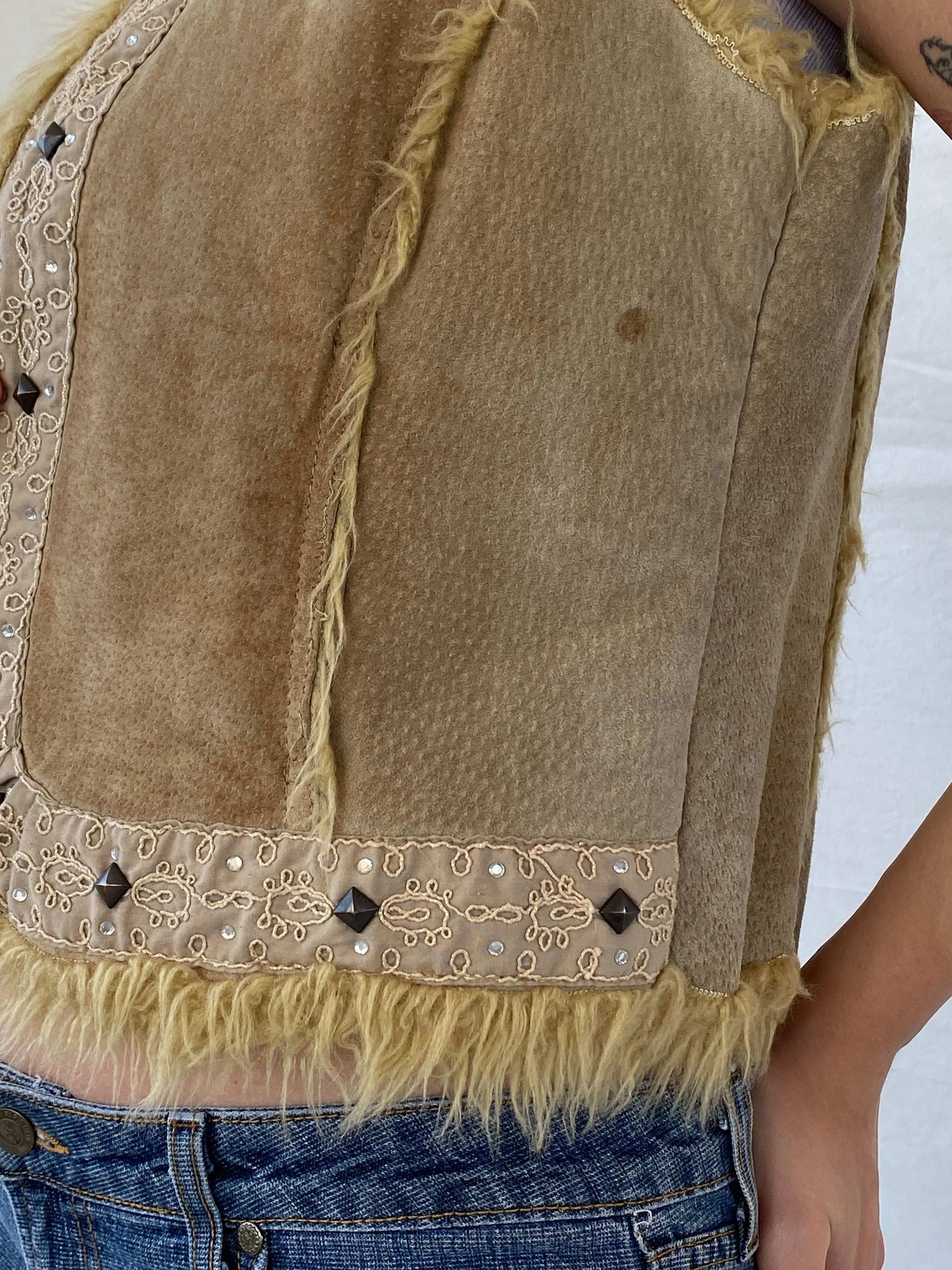 Vintage Live A little Fur Lined Suede Embellished Western Vest - L - Balagan Vintage Vest 00s, genuine leather, genuine leather vest, Mira, vest