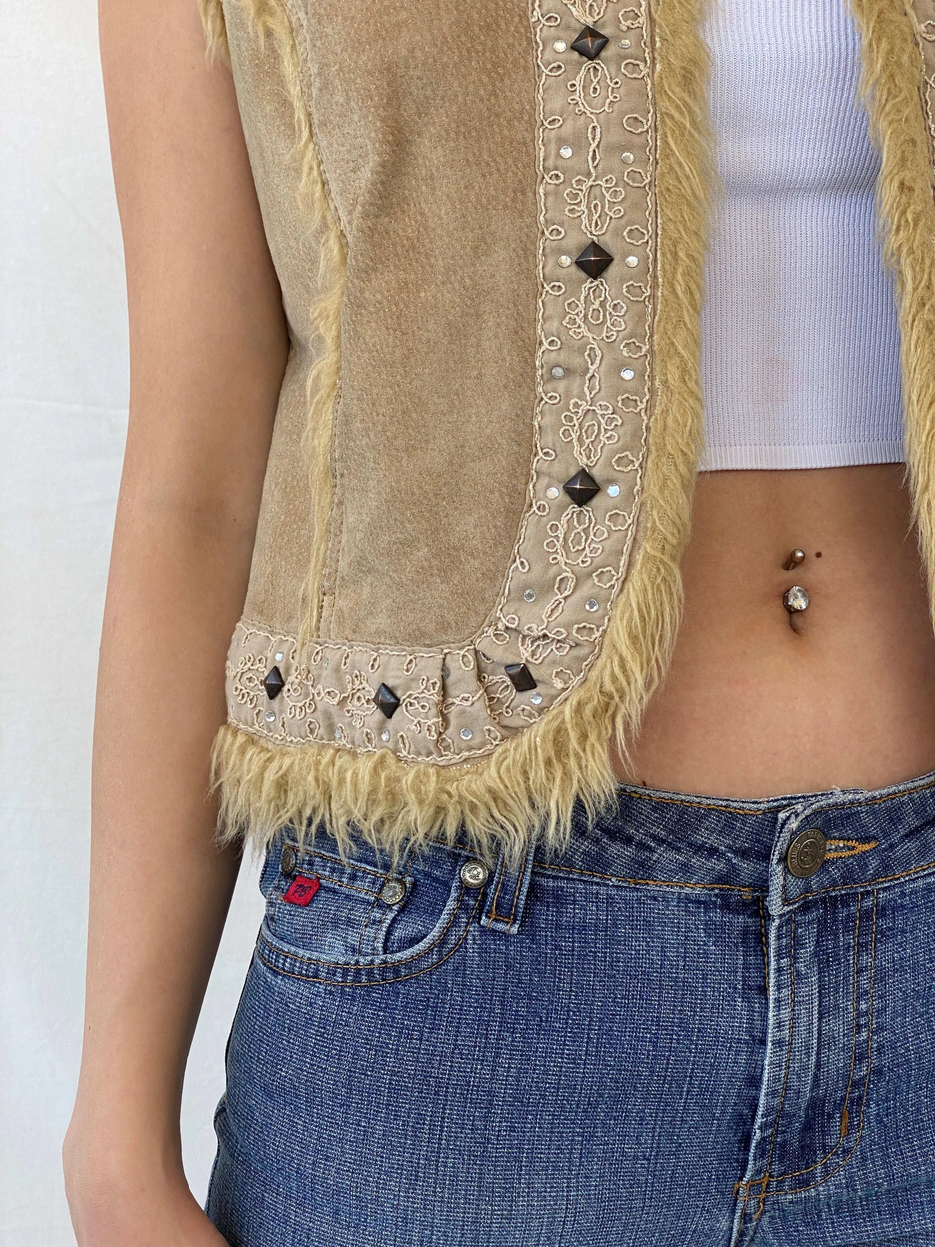 Vintage Live A little Fur Lined Suede Embellished Western Vest - L - Balagan Vintage Vest 00s, genuine leather, genuine leather vest, Mira, vest