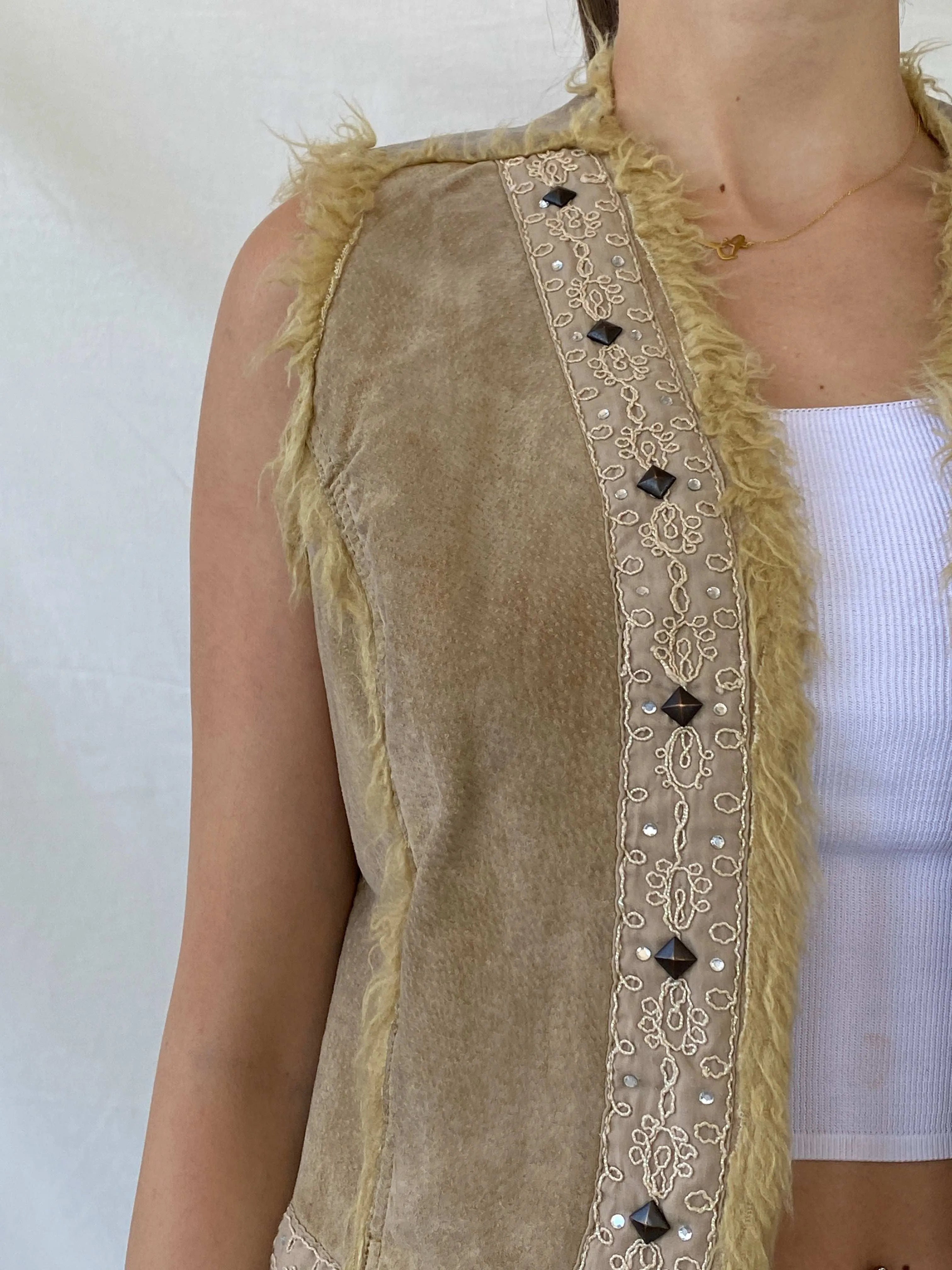 Vintage Live A little Fur Lined Suede Embellished Western Vest - L - Balagan Vintage Vest 00s, genuine leather, genuine leather vest, Mira, vest