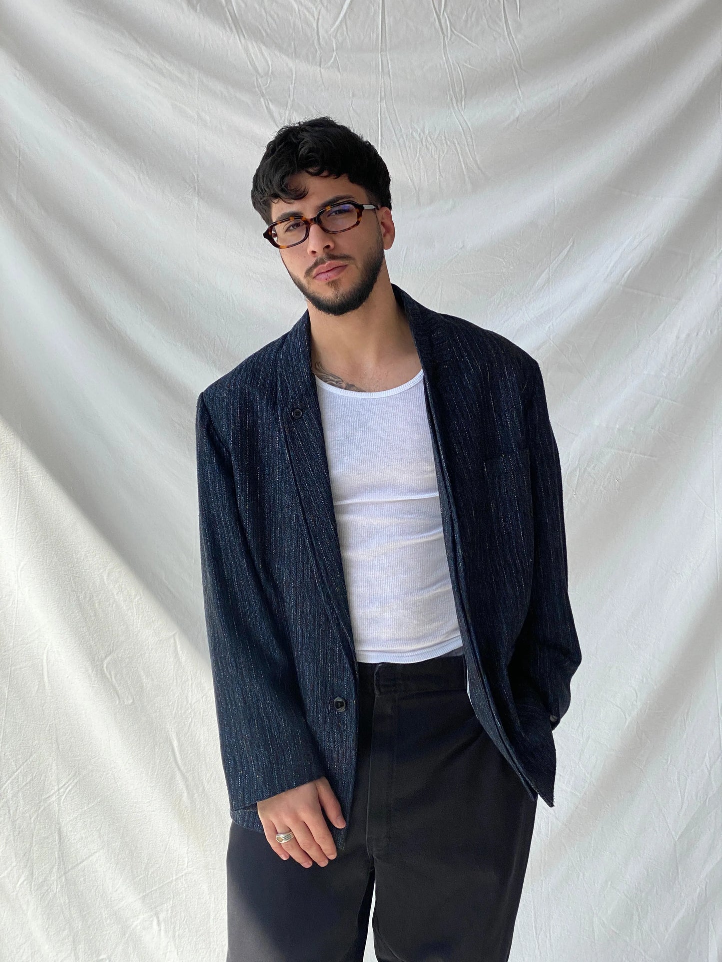 Vintage Lovers Paris Men’s Navy Striped Tweed Blazer - M - Balagan Vintage Blazer 90s, blazer, full sleeve blazer, Hamza, men blazer, winter