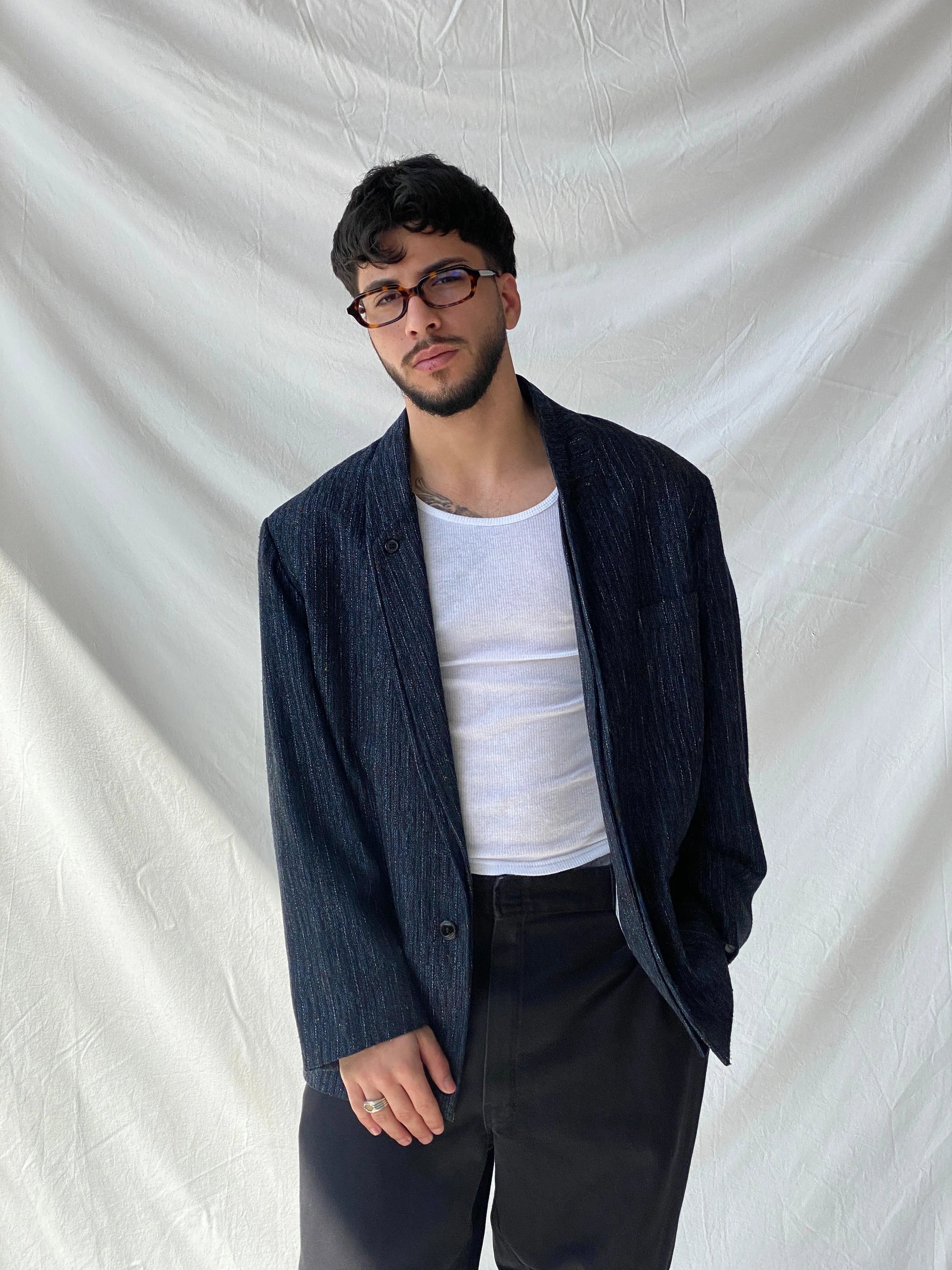 Vintage Lovers Paris Men’s Navy Striped Tweed Blazer - M - Balagan Vintage Blazer 90s, blazer, full sleeve blazer, Hamza, men blazer, winter