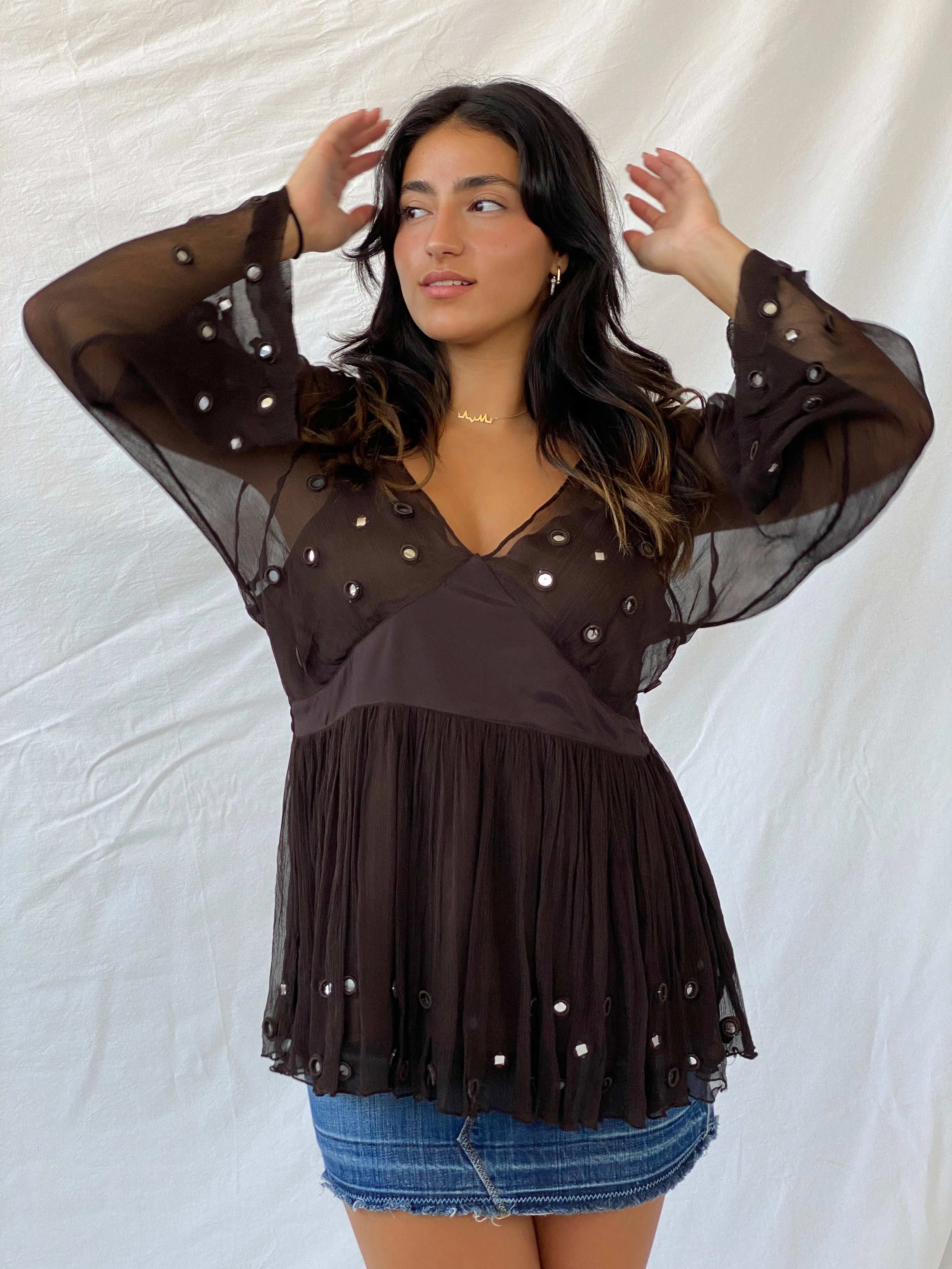 Vintage Madeline Brown Sheer Top - M - Balagan Vintage Full Sleeve Top 90s, full sleeve top, Lana, women top
