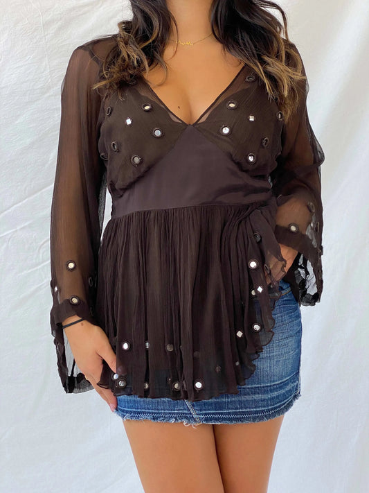Vintage Madeline Brown Sheer Top - M - Balagan Vintage Full Sleeve Top 90s, full sleeve top, Lana, women top