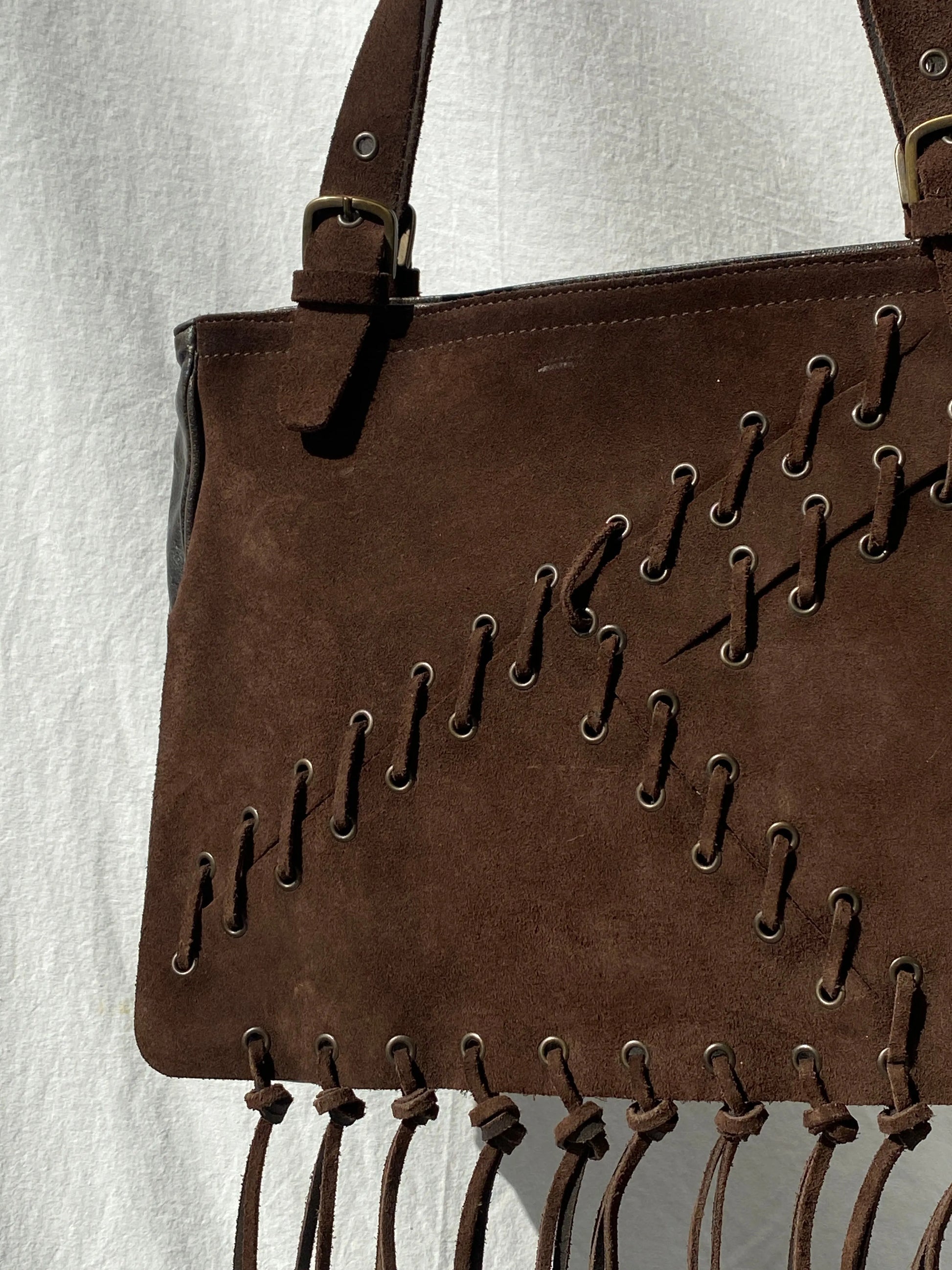 Vintage Malandrino Fringe Dark Brown Genuine Suede Bag - Balagan Vintage Handbags 00s, 90s, bag, genuine leather, shoulder bag, Y2K