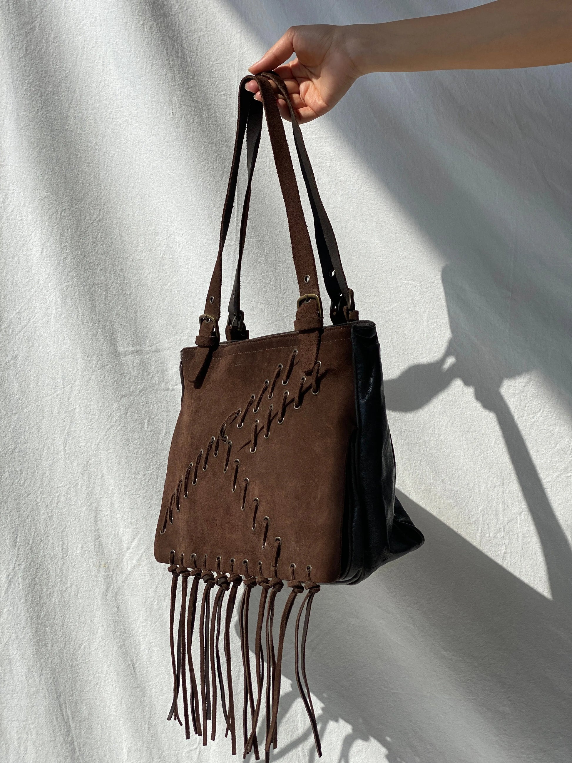 Vintage Malandrino Fringe Dark Brown Genuine Suede Bag - Balagan Vintage Handbags 00s, 90s, bag, genuine leather, shoulder bag, Y2K
