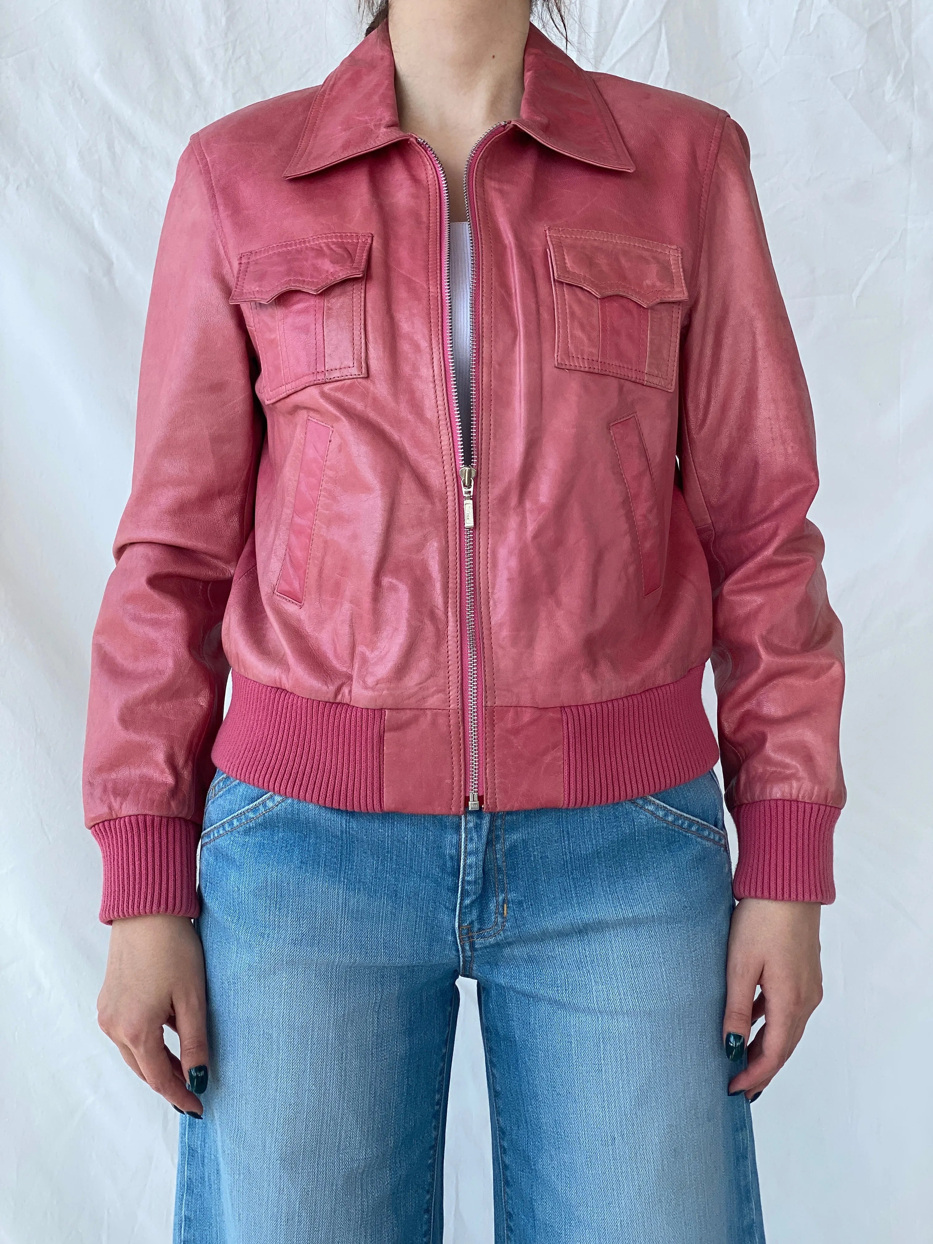 Vintage Mellachia Pink Women’s Genuine Leather Biker Style Bomber Jacket - M - Balagan Vintage Leather Jacket Ayah, genuine leather, genuine leather jacket, leather jacket