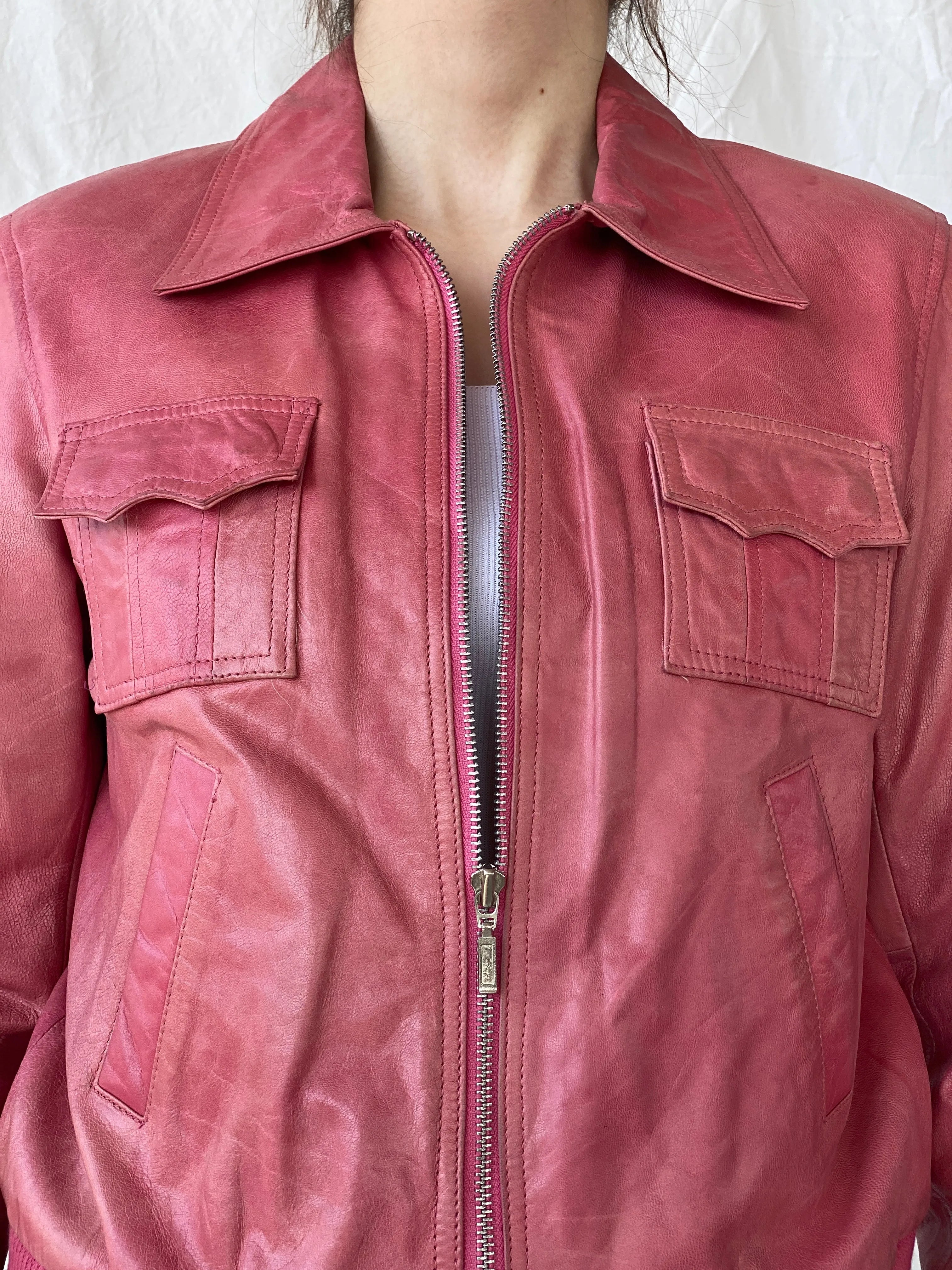 Vintage Mellachia Pink Women’s Genuine Leather Biker Style Bomber Jacket - M - Balagan Vintage Leather Jacket Ayah, genuine leather, genuine leather jacket, leather jacket