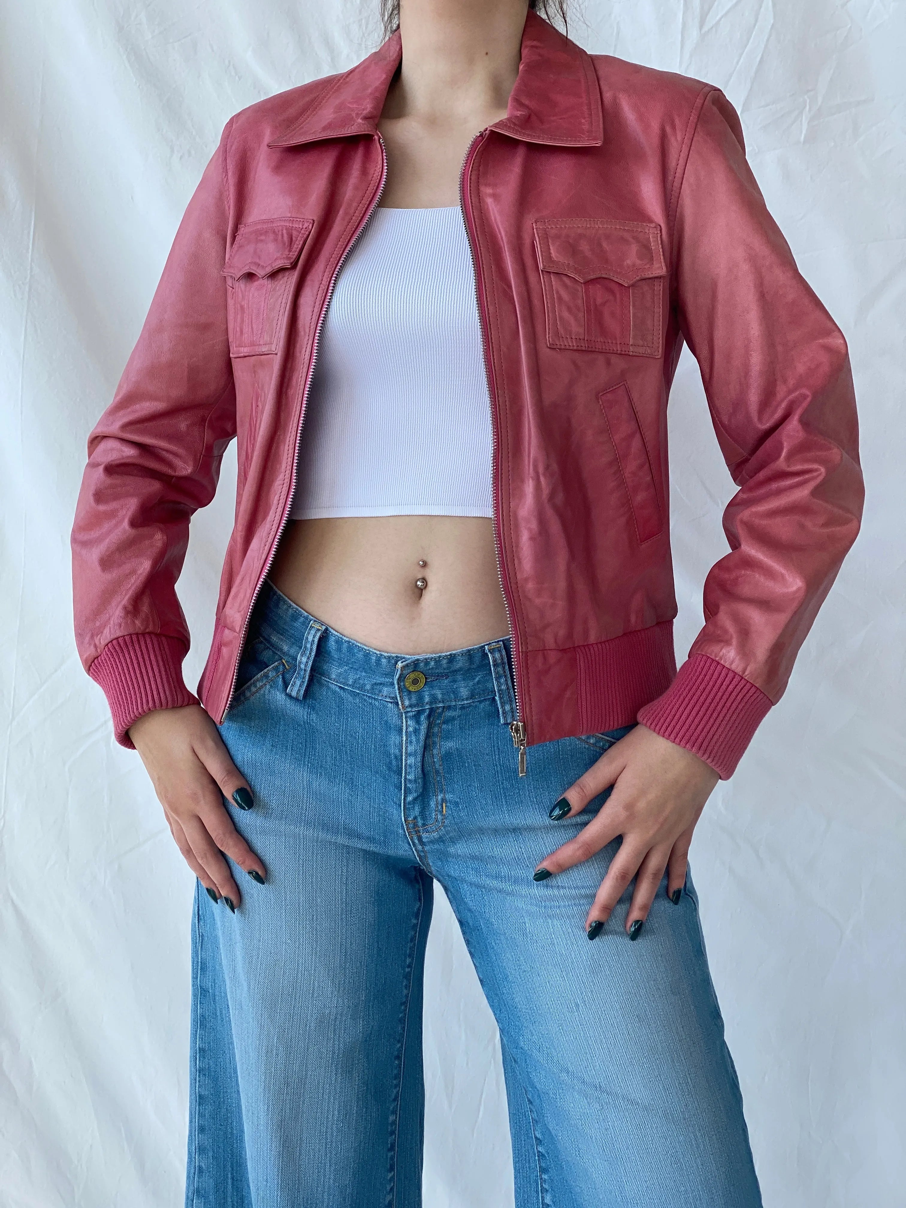 Vintage Mellachia Pink Women’s Genuine Leather Biker Style Bomber Jacket - M - Balagan Vintage Leather Jacket Ayah, genuine leather, genuine leather jacket, leather jacket
