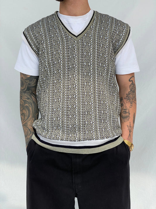 Vintage Men’s Casual V-Neck Patterned Striped Knitted Vest - M - Balagan Vintage Vest 90s, Hamza, men, streetwear, vest, vintage, winter
