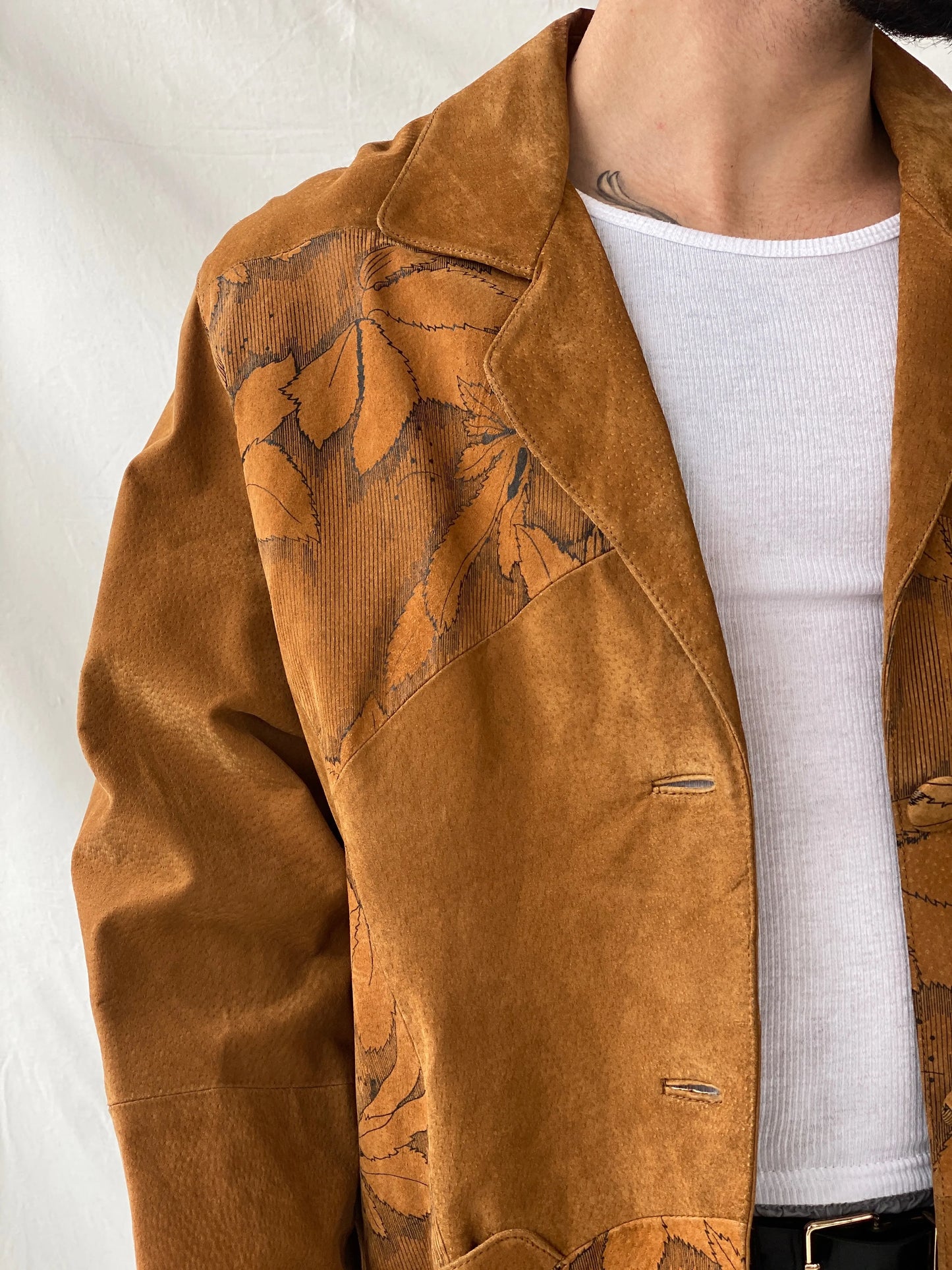 Vintage Men’s Genuine Brown Suede Leather Oversized Floral Blazer - XL - Balagan Vintage Leather Jacket 90s, blazer, brown leather, full sleeve blazer, genuine leather, genuine leather jacket, Hamza, leather blazer, men blazer, winter
