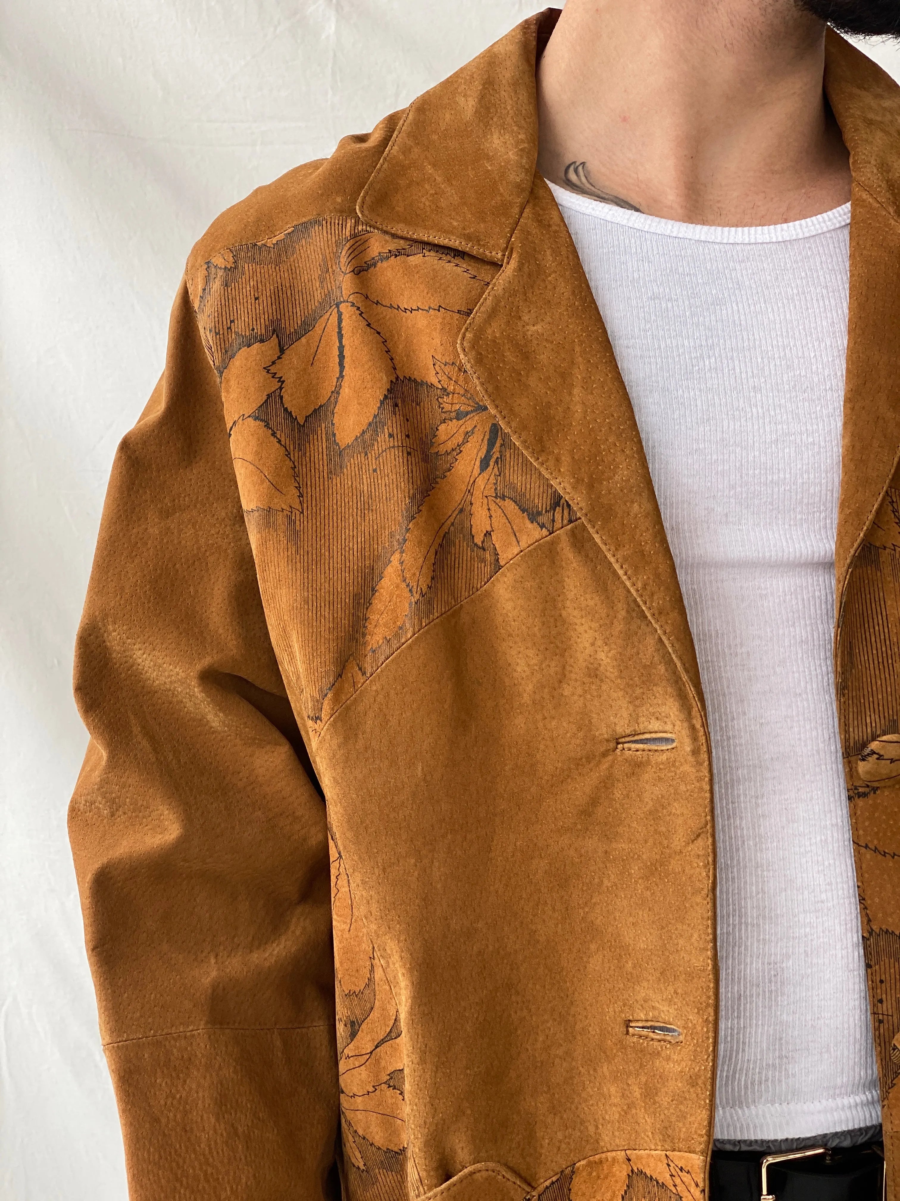 Vintage Men’s Genuine Brown Suede Leather Oversized Floral Blazer - XL - Balagan Vintage Leather Jacket 90s, blazer, brown leather, full sleeve blazer, genuine leather, genuine leather jacket, Hamza, leather blazer, men blazer, winter