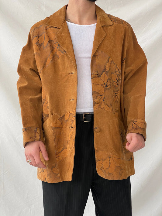 Vintage Men’s Genuine Brown Suede Leather Oversized Floral Blazer - XL - Balagan Vintage Leather Jacket 90s, blazer, brown leather, full sleeve blazer, genuine leather, genuine leather jacket, Hamza, leather blazer, men blazer, winter