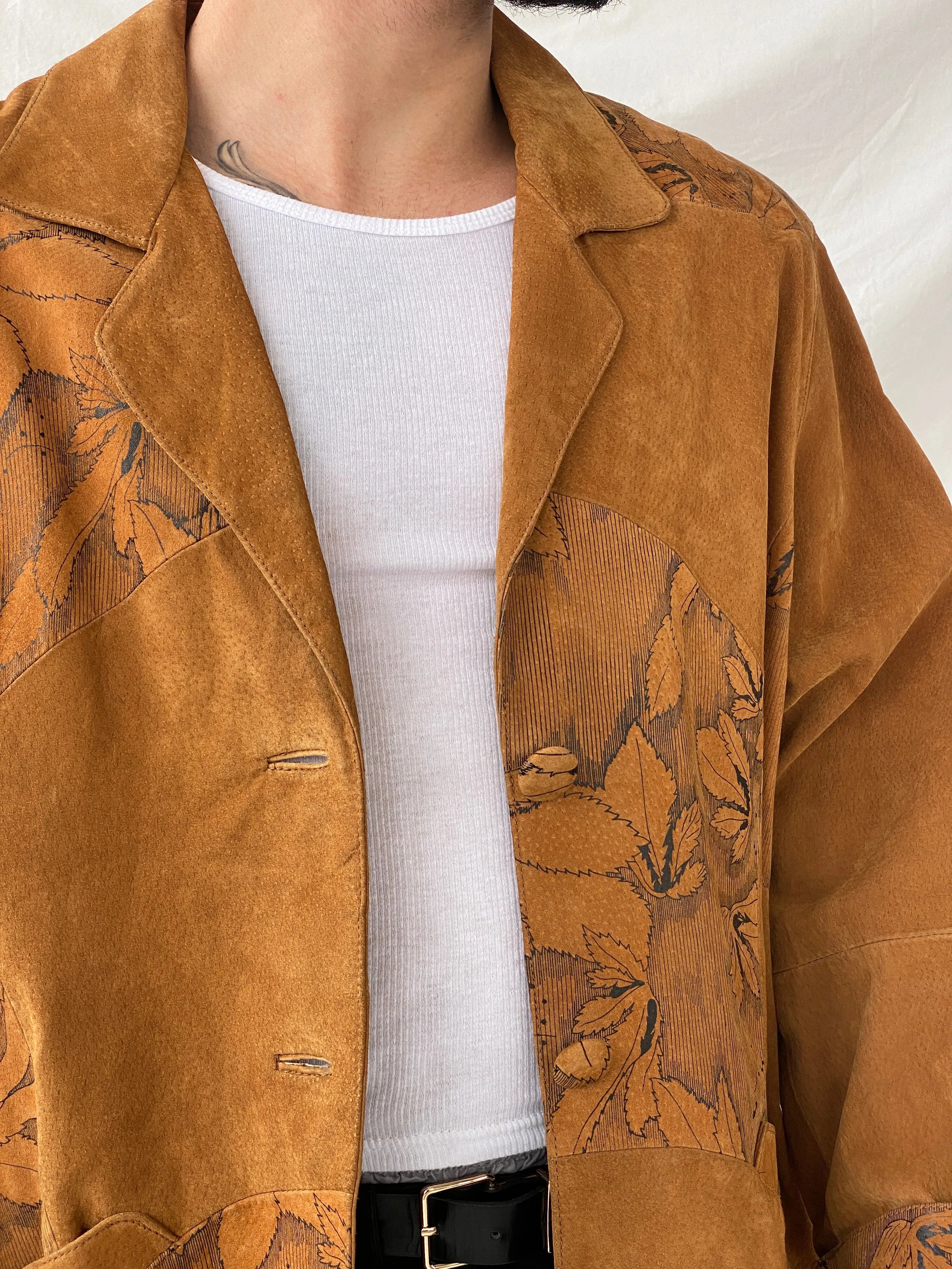 Vintage Men’s Genuine Brown Suede Leather Oversized Floral Blazer - XL - Balagan Vintage Leather Jacket 90s, blazer, brown leather, full sleeve blazer, genuine leather, genuine leather jacket, Hamza, leather blazer, men blazer, winter