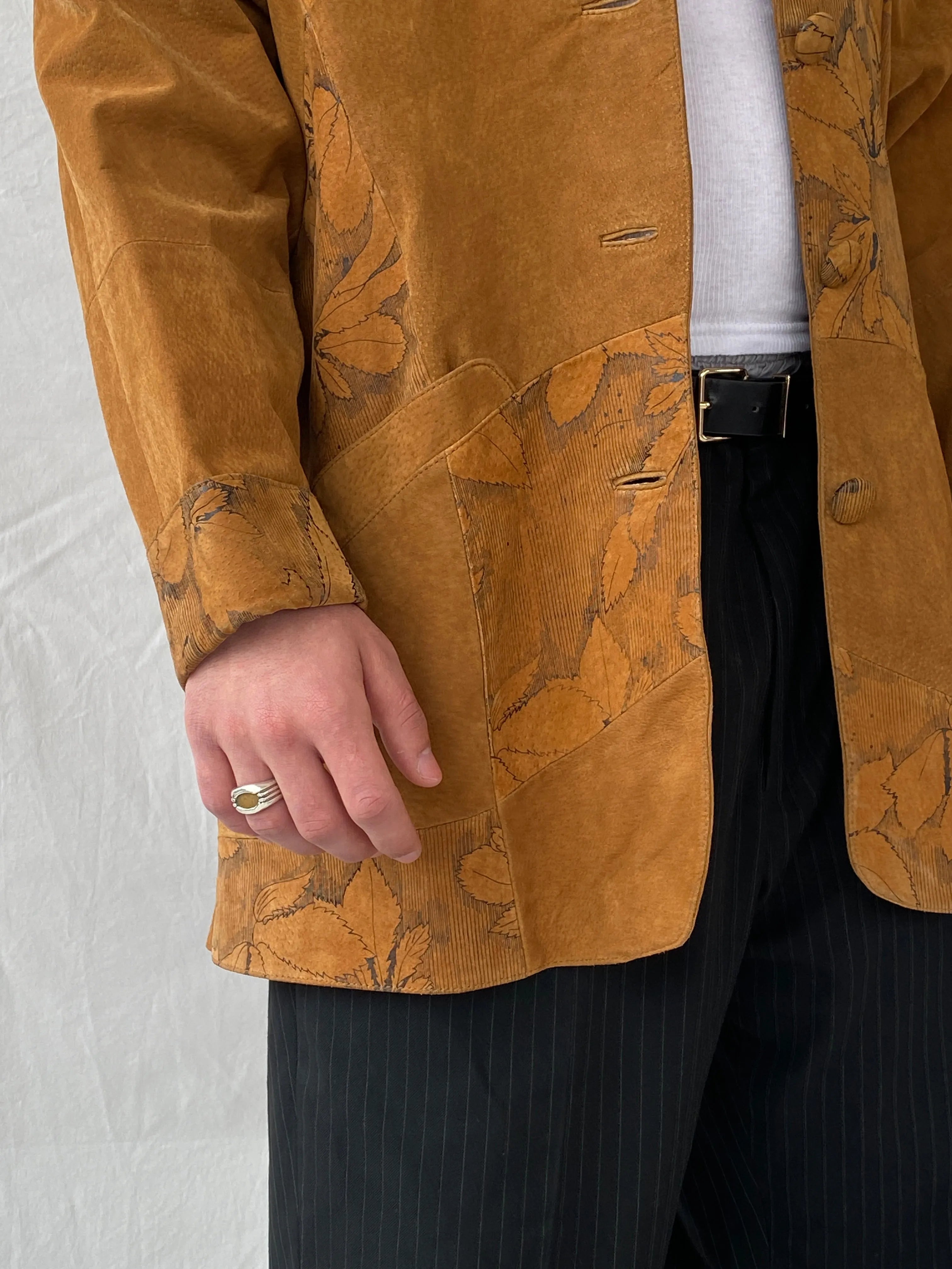 Vintage Men’s Genuine Brown Suede Leather Oversized Floral Blazer - XL - Balagan Vintage Leather Jacket 90s, blazer, brown leather, full sleeve blazer, genuine leather, genuine leather jacket, Hamza, leather blazer, men blazer, winter