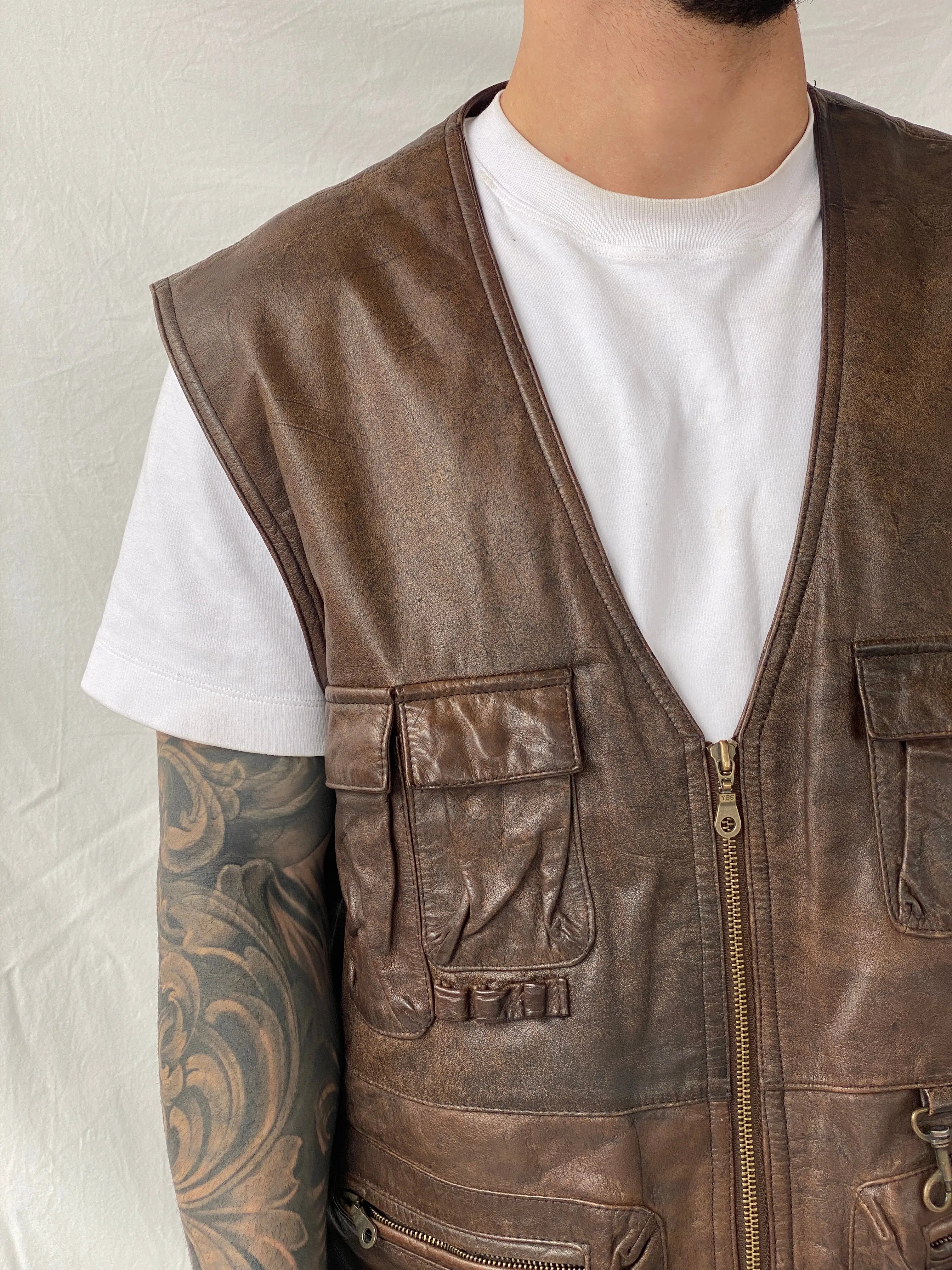 Vintage Men’s Safari Cargo Brown Genuine Leather Zip Up Vest - XL - Balagan Vintage Vest 90s, brown leather, consignment, genuine leather, genuine leather vest, Hamza, men, streetwear, vest, vintage, winter