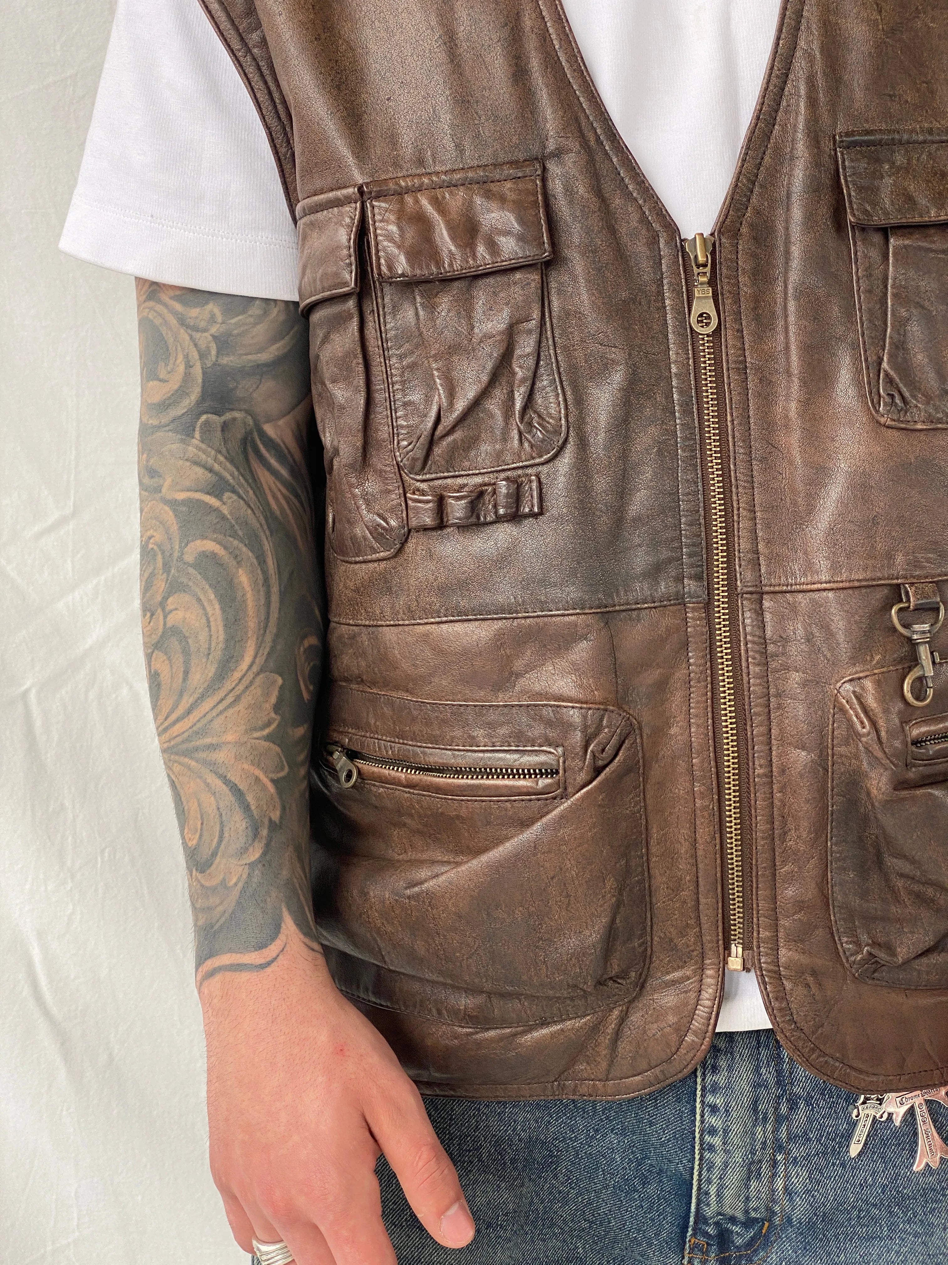 Vintage Men’s Safari Cargo Brown Genuine Leather Zip Up Vest - XL - Balagan Vintage Vest 90s, brown leather, consignment, genuine leather, genuine leather vest, Hamza, men, streetwear, vest, vintage, winter