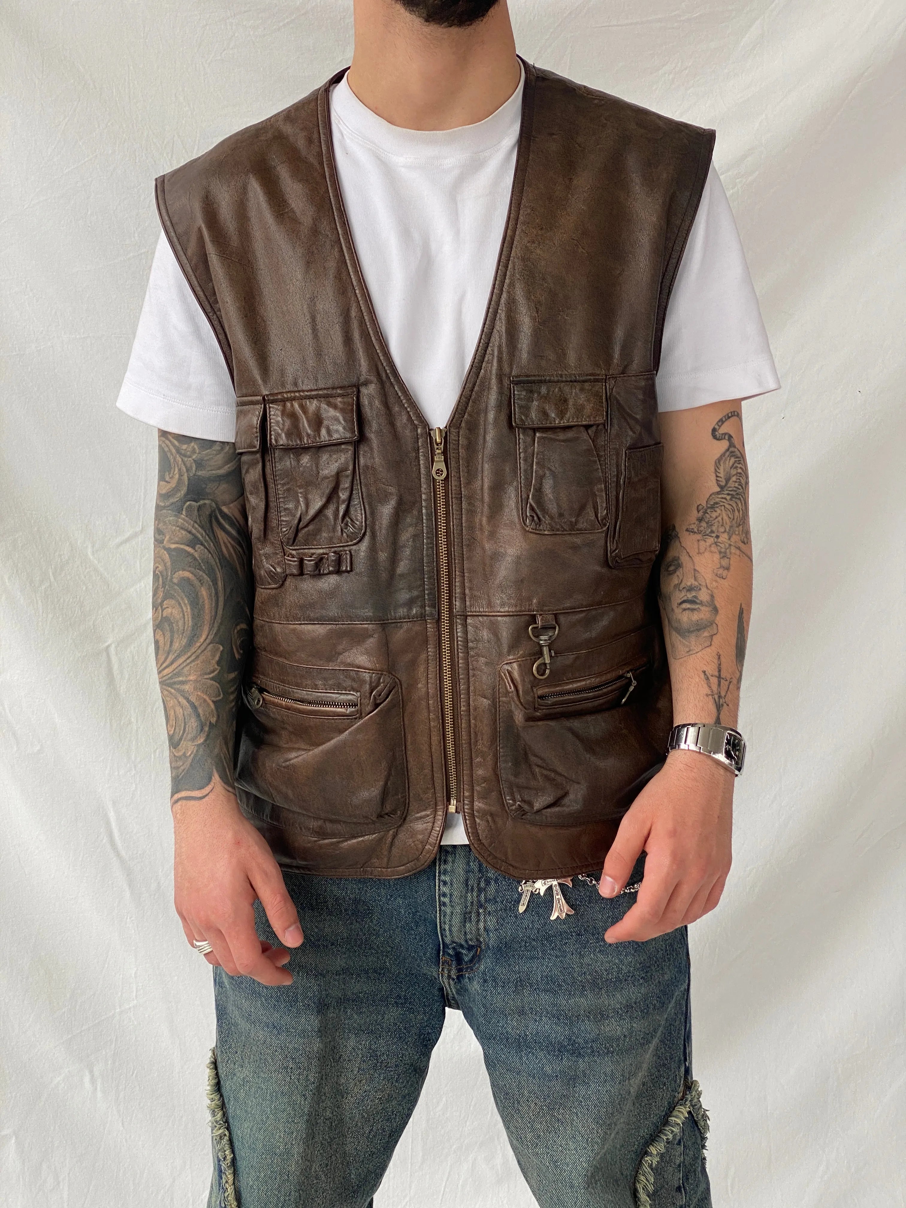 Vintage Men’s Safari Cargo Brown Genuine Leather Zip Up Vest - XL - Balagan Vintage Vest 90s, brown leather, consignment, genuine leather, genuine leather vest, Hamza, men, streetwear, vest, vintage, winter