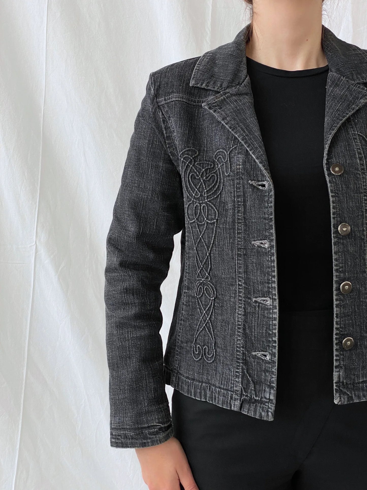 Vintage Minuet Embellished Washed Black Women’s Padded Denim Blazer - L - Balagan Vintage Blazer 00s, Ayah, Coats&Jackets, denim, denim jacket, Women's Blazers, Women's Denim Jackets