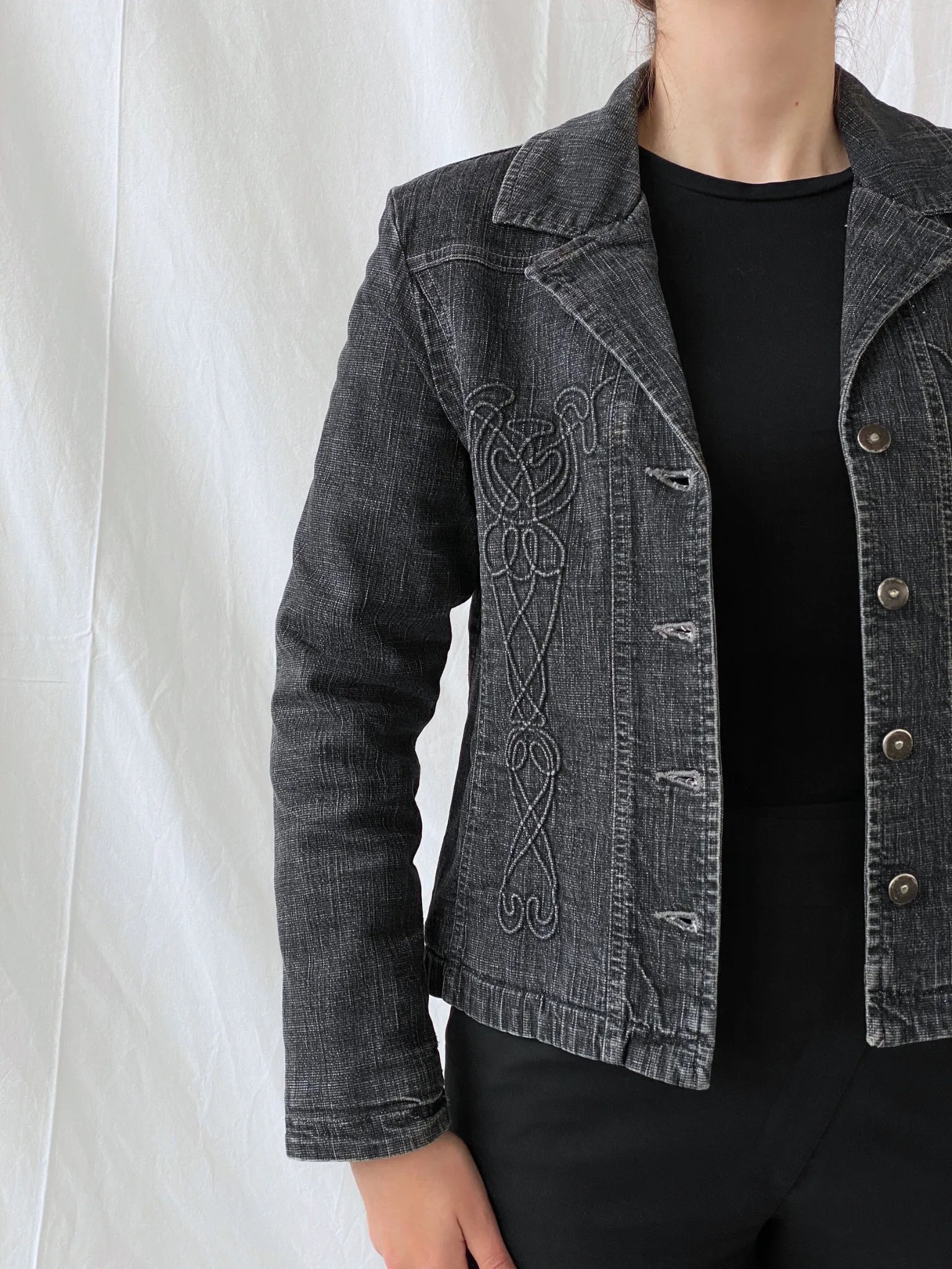 Vintage Minuet Embellished Washed Black Women’s Padded Denim Blazer - L - Balagan Vintage Blazer 00s, Ayah, Coats&Jackets, denim, denim jacket, Women's Blazers, Women's Denim Jackets