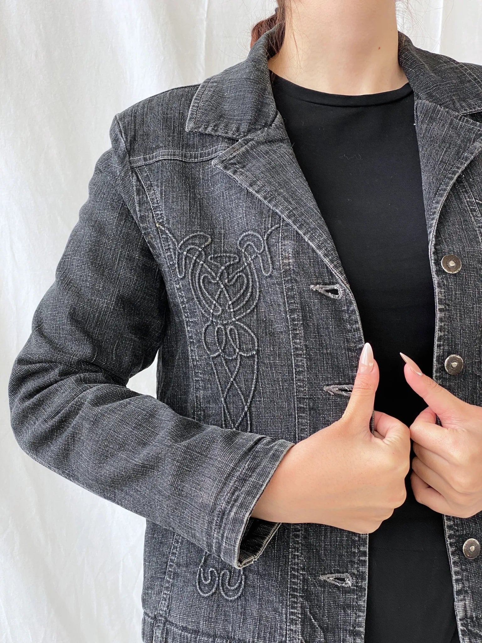 Vintage Minuet Embellished Washed Black Women’s Padded Denim Blazer - L - Balagan Vintage Blazer 00s, Ayah, Coats&Jackets, denim, denim jacket, Women's Blazers, Women's Denim Jackets