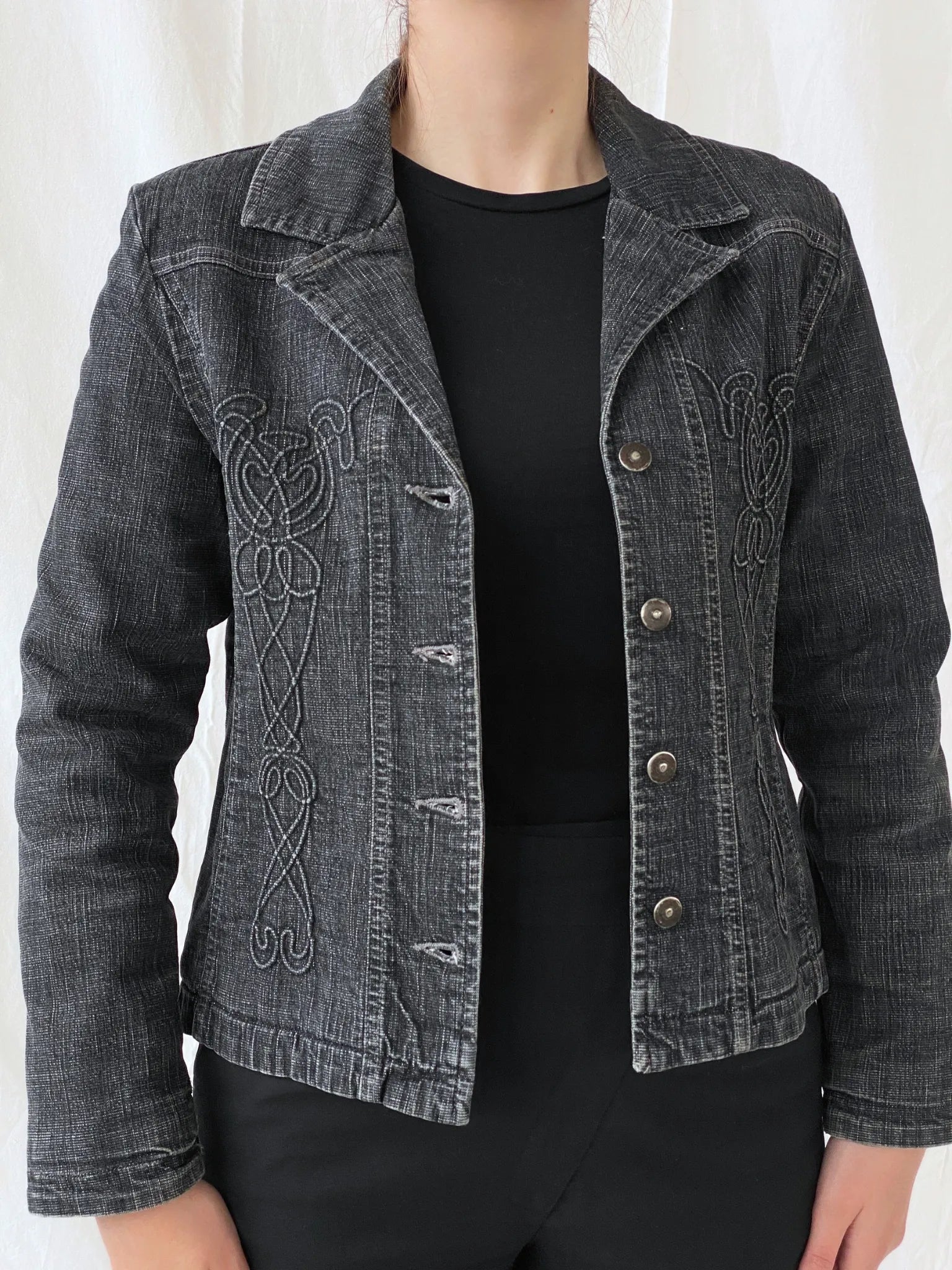 Vintage Minuet Embellished Washed Black Women’s Padded Denim Blazer - L - Balagan Vintage Blazer 00s, Ayah, Coats&Jackets, denim, denim jacket, Women's Blazers, Women's Denim Jackets
