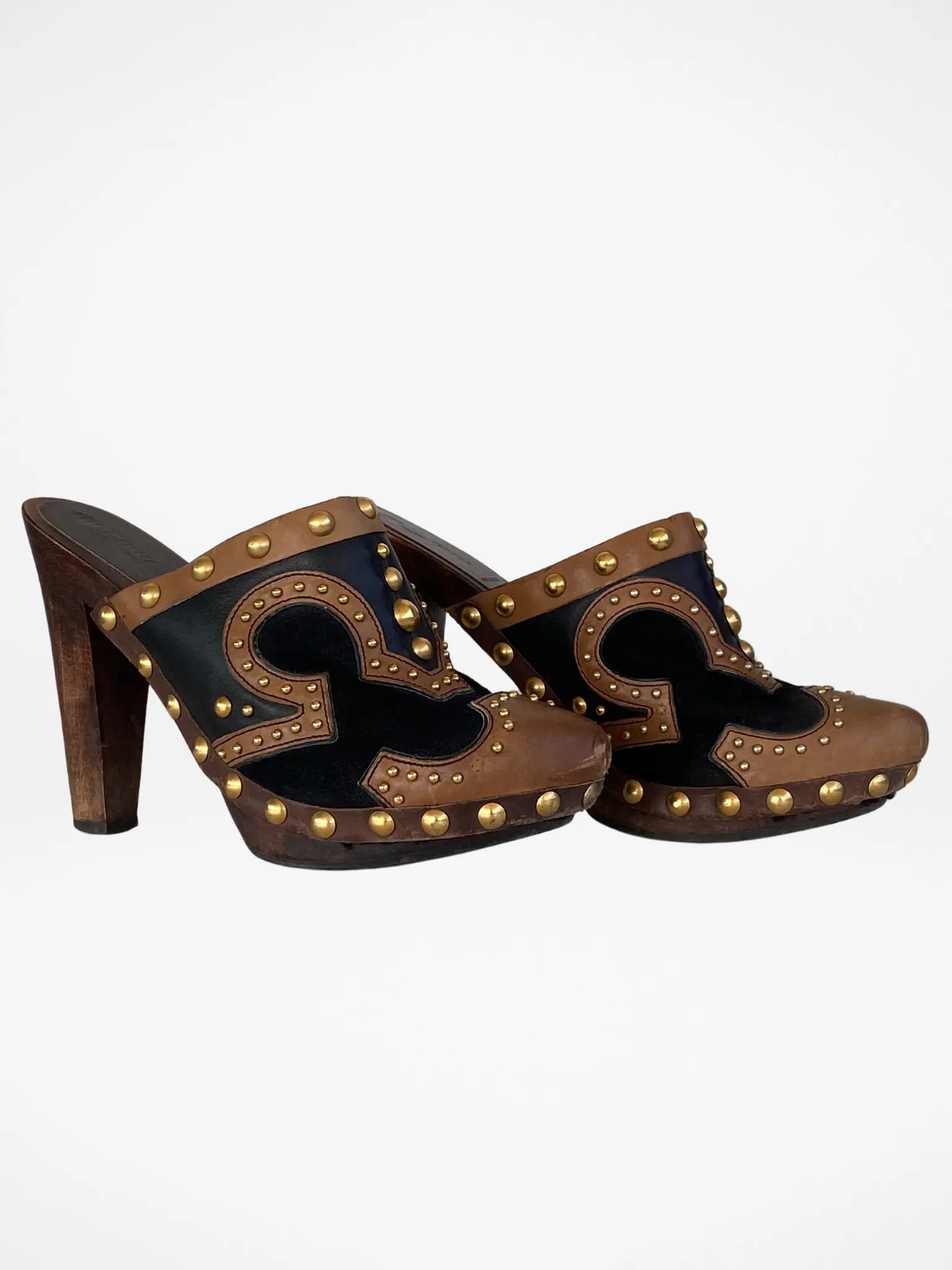 Vintage MIU MIU Gold Studded Brown Suede Leather Wood High Heel Clog Mules - 38EUR - Balagan Vintage Mules 00s, 90s, consignment, Deals, mules, Sadouf, winter
