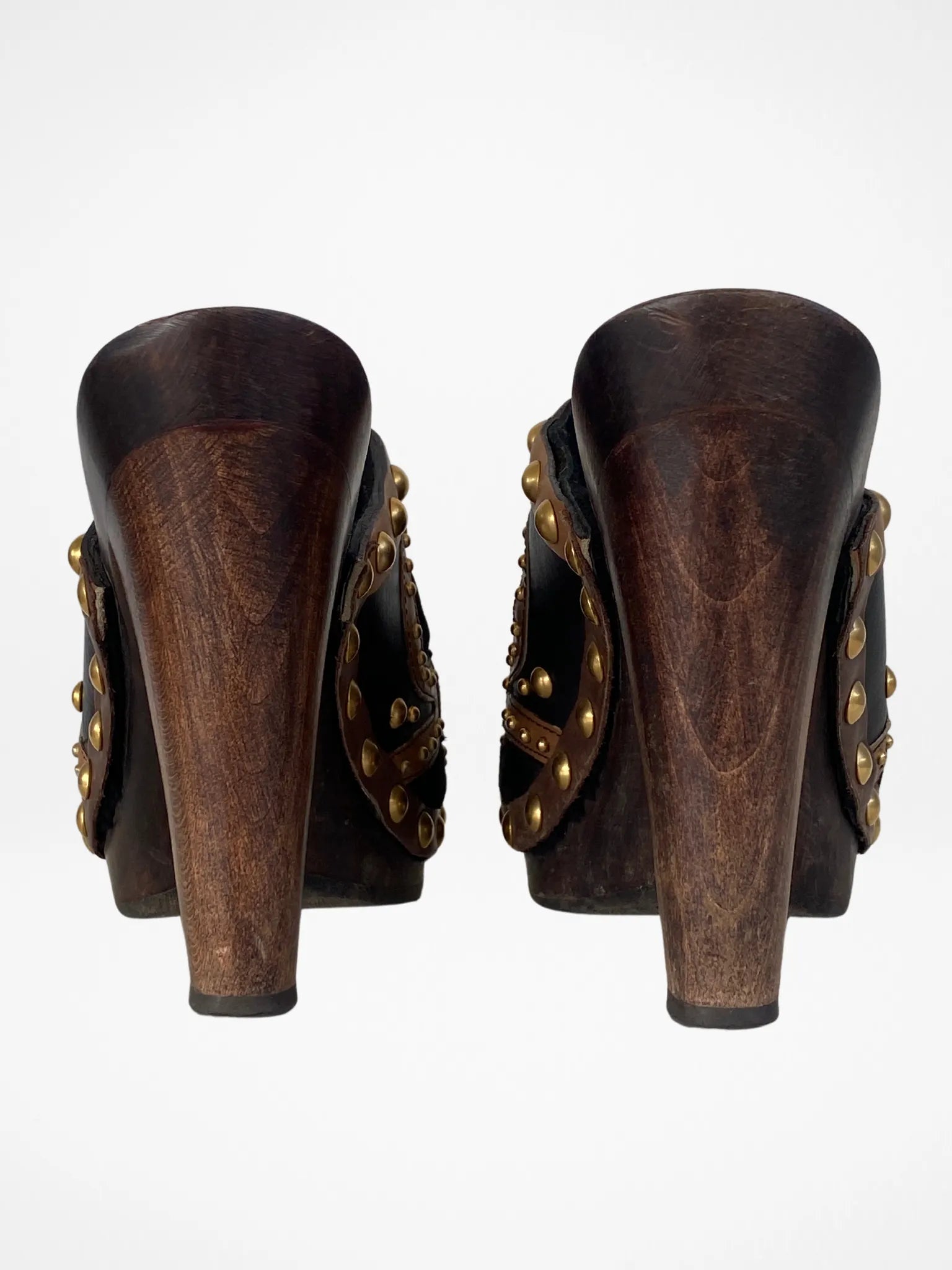 Vintage MIU MIU Gold Studded Brown Suede Leather Wood High Heel Clog Mules - 38EUR - Balagan Vintage Mules 00s, 90s, consignment, Deals, mules, Sadouf, winter