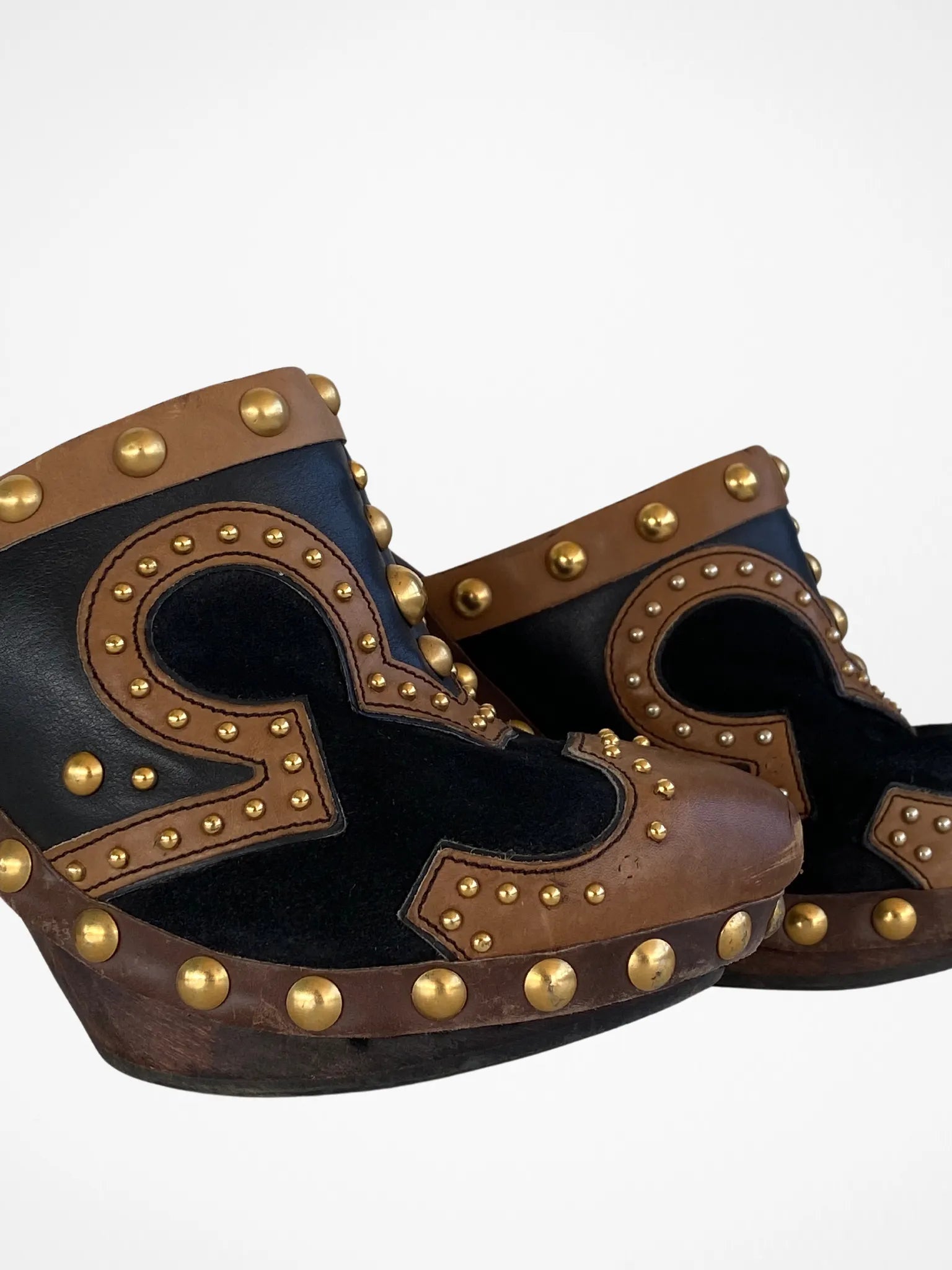 Vintage MIU MIU Gold Studded Brown Suede Leather Wood High Heel Clog Mules - 38EUR - Balagan Vintage Mules 00s, 90s, consignment, Deals, mules, Sadouf, winter