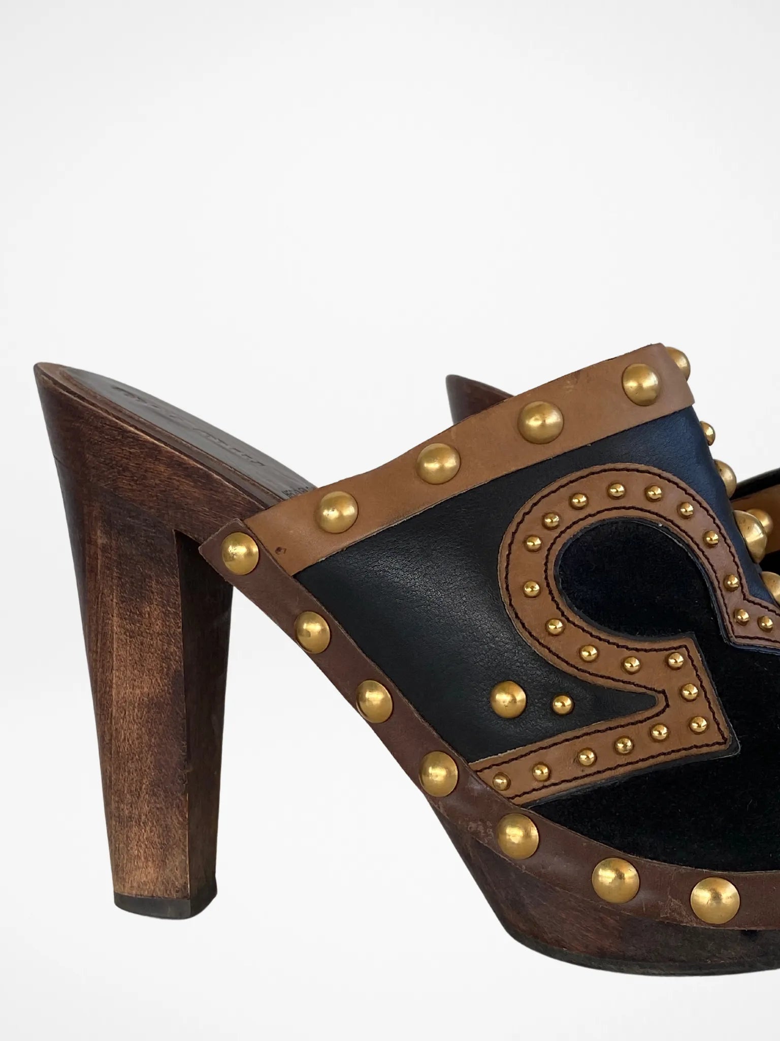 Vintage MIU MIU Gold Studded Brown Suede Leather Wood High Heel Clog Mules - 38EUR - Balagan Vintage Mules 00s, 90s, consignment, Deals, mules, Sadouf, winter