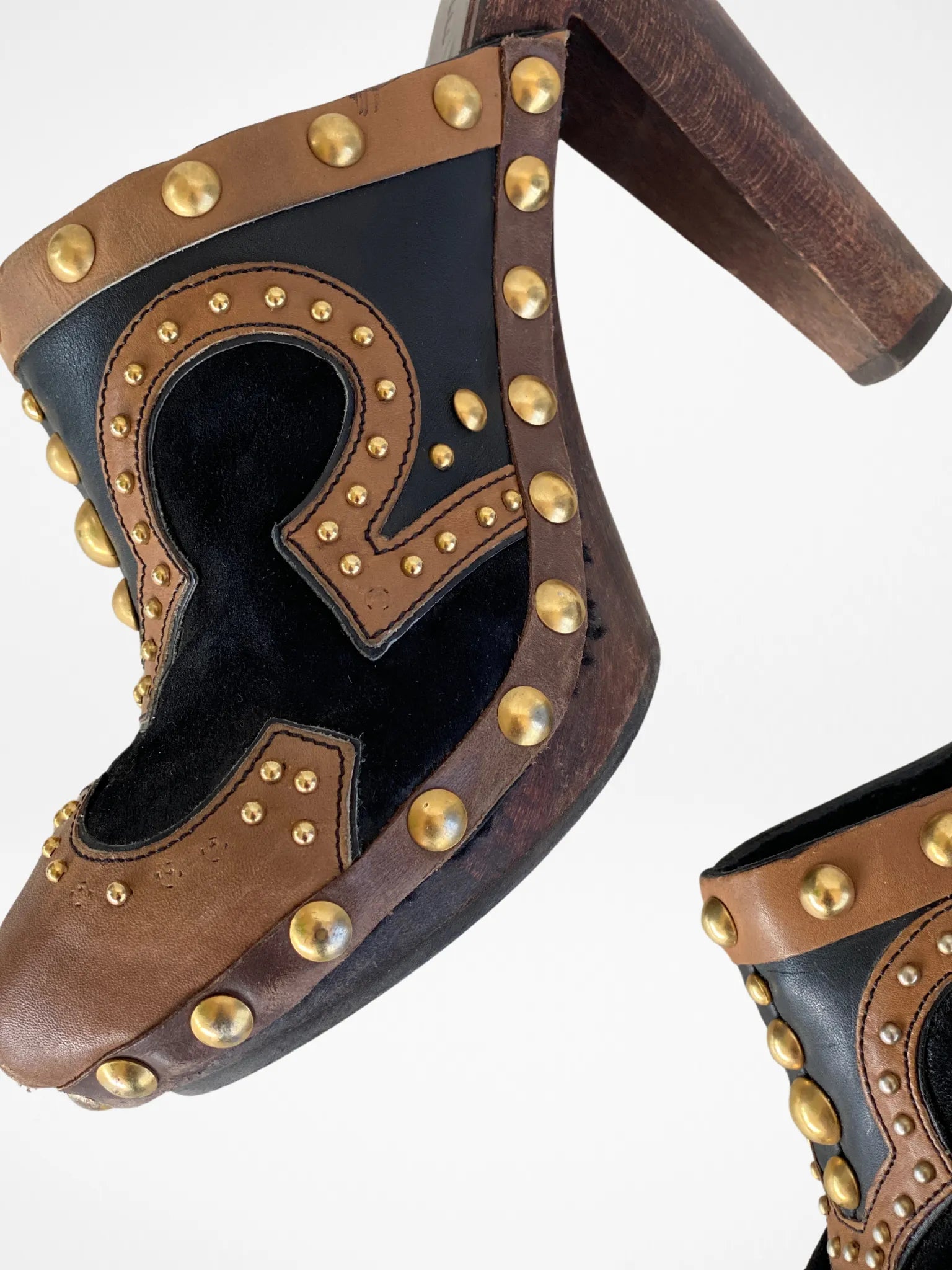 Vintage MIU MIU Gold Studded Brown Suede Leather Wood High Heel Clog Mules - 38EUR - Balagan Vintage Mules 00s, 90s, consignment, Deals, mules, Sadouf, winter
