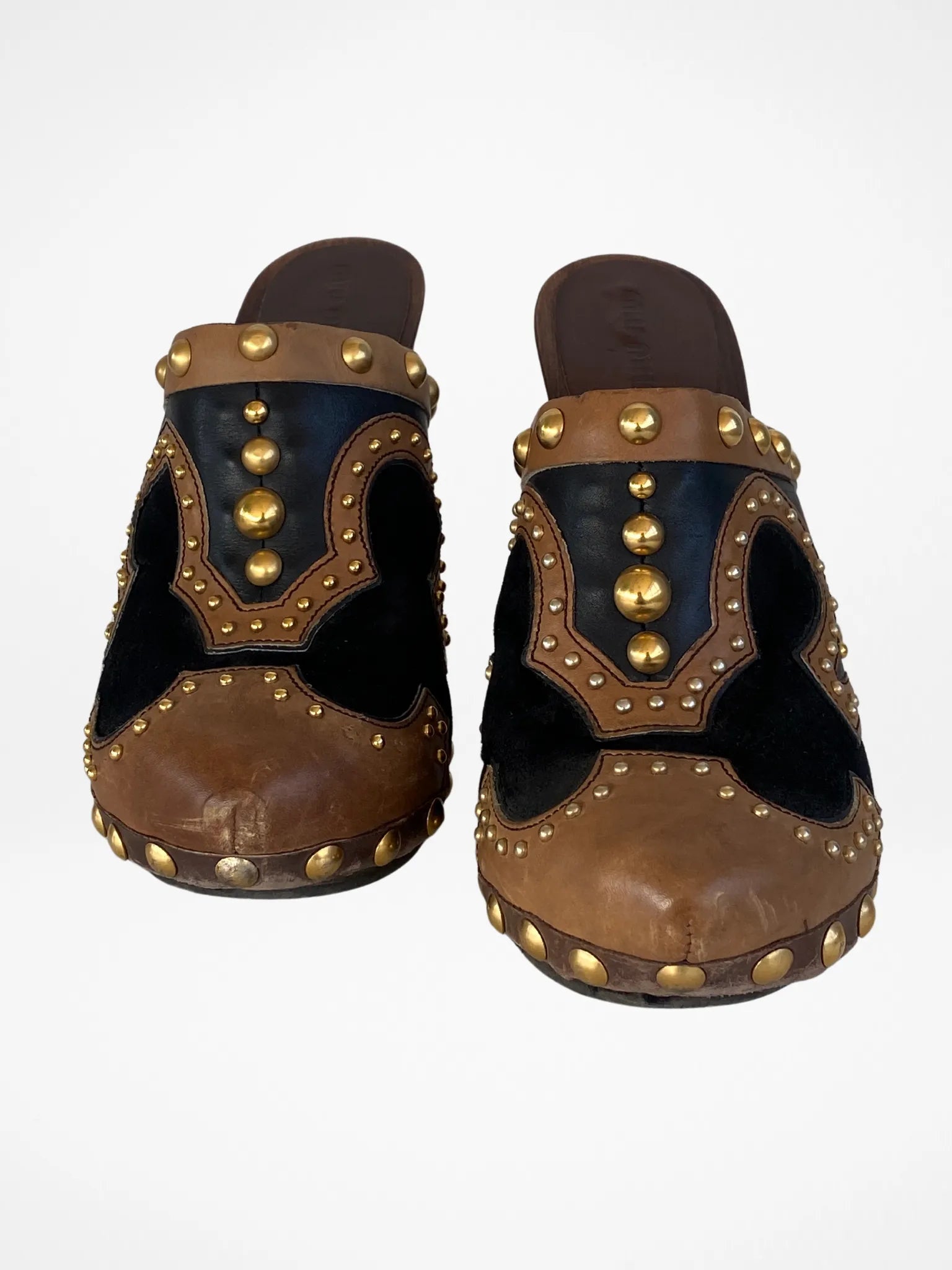 Vintage MIU MIU Gold Studded Brown Suede Leather Wood High Heel Clog Mules - 38EUR - Balagan Vintage Mules 00s, 90s, consignment, Deals, mules, Sadouf, winter