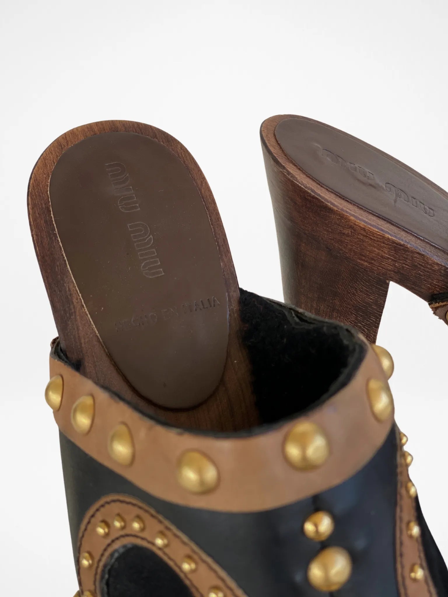 Vintage MIU MIU Gold Studded Brown Suede Leather Wood High Heel Clog Mules - 38EUR - Balagan Vintage Mules 00s, 90s, consignment, Deals, mules, Sadouf, winter