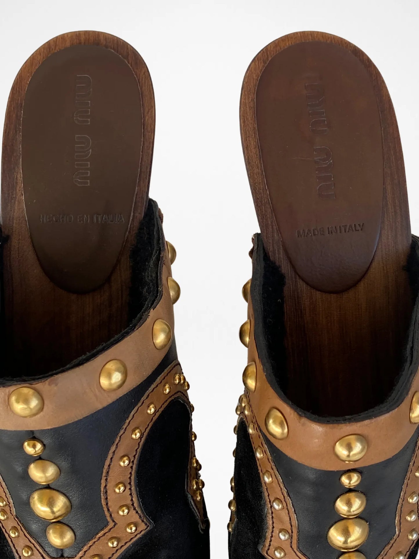 Vintage MIU MIU Gold Studded Brown Suede Leather Wood High Heel Clog Mules - 38EUR - Balagan Vintage Mules 00s, 90s, consignment, Deals, mules, Sadouf, winter