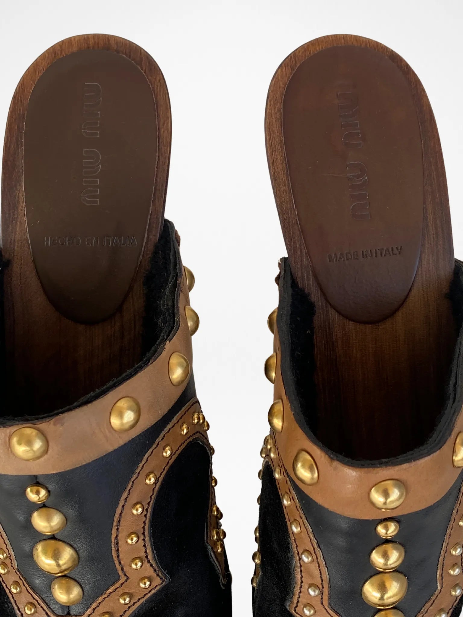 Vintage MIU MIU Gold Studded Brown Suede Leather Wood High Heel Clog Mules - 38EUR - Balagan Vintage Mules 00s, 90s, consignment, Deals, mules, Sadouf, winter