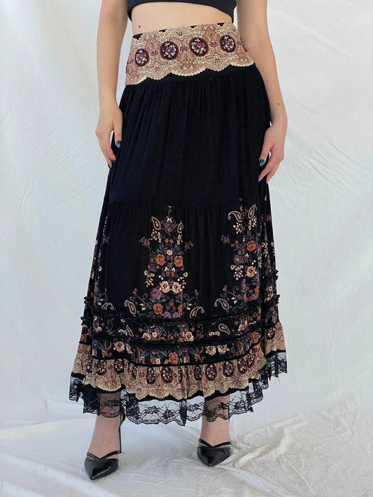 Vintage MOJJIL Black Boho Print Gypsy Maxi Skirt - M - Balagan Vintage Maxi Skirt 00s, Ayah, Boho, maxi skirt, winter